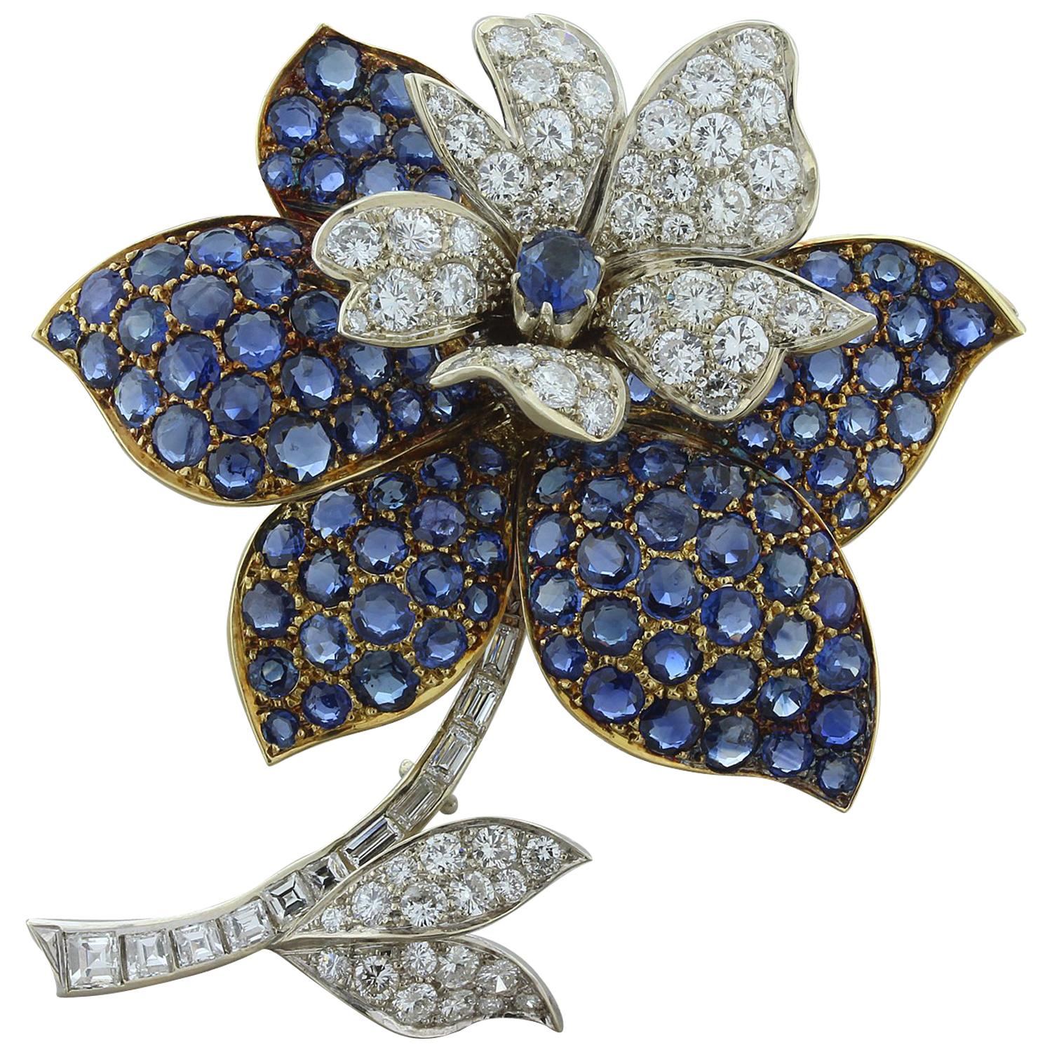 Blue Sapphire Diamond Two-Tone Gold Flower Brooch