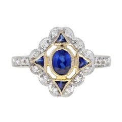 Bague en or jaune 14 carats saphir bleu et diamant d'inspiration vintage Art of Vintage