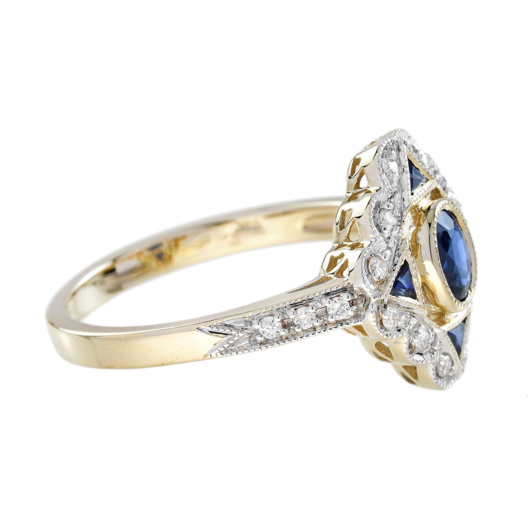 Art déco Bague en or jaune 14 carats saphir bleu et diamant d'inspiration vintage Art of Vintage en vente