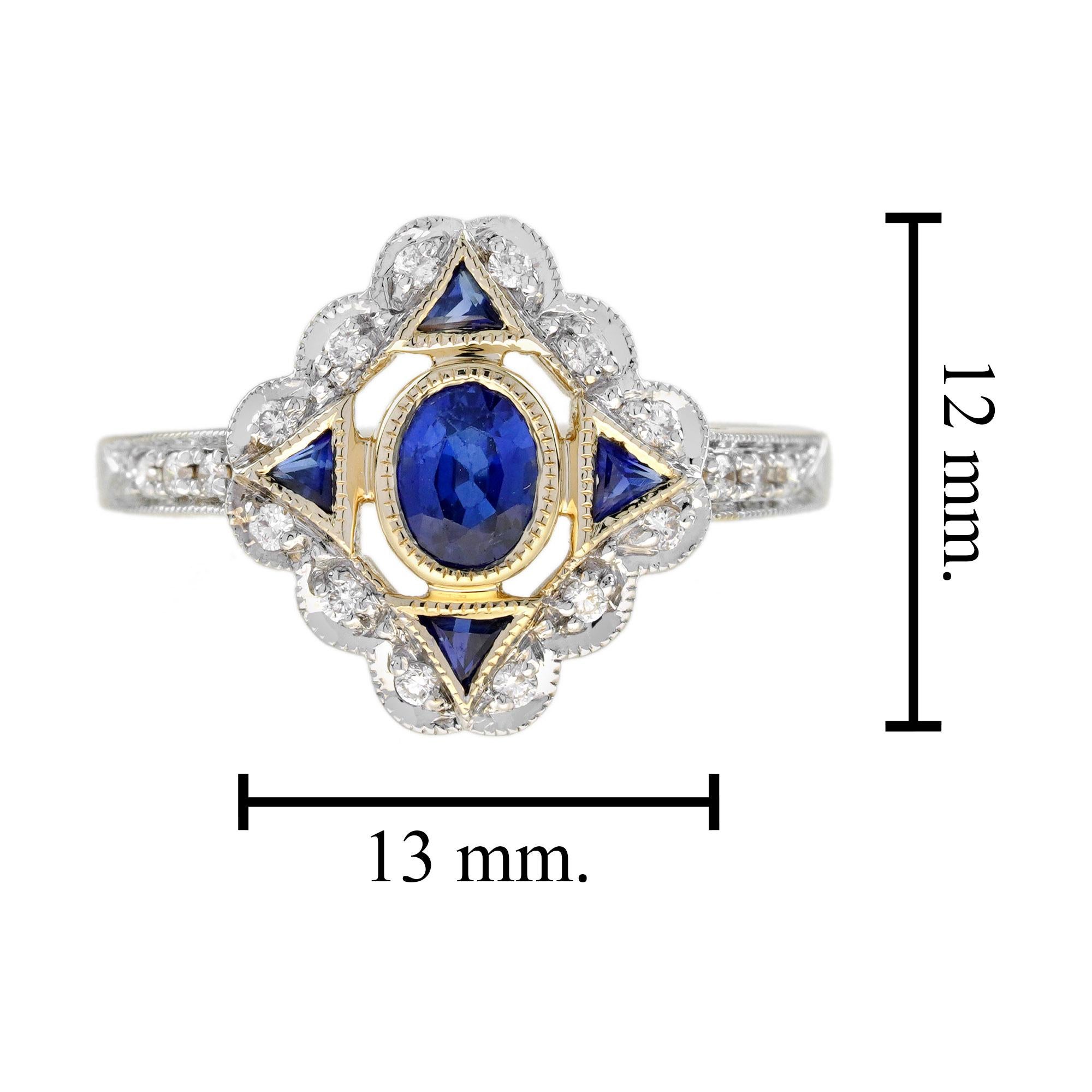 Bague en or jaune 14 carats saphir bleu et diamant d'inspiration vintage Art of Vintage Neuf - En vente à Oakton, VA