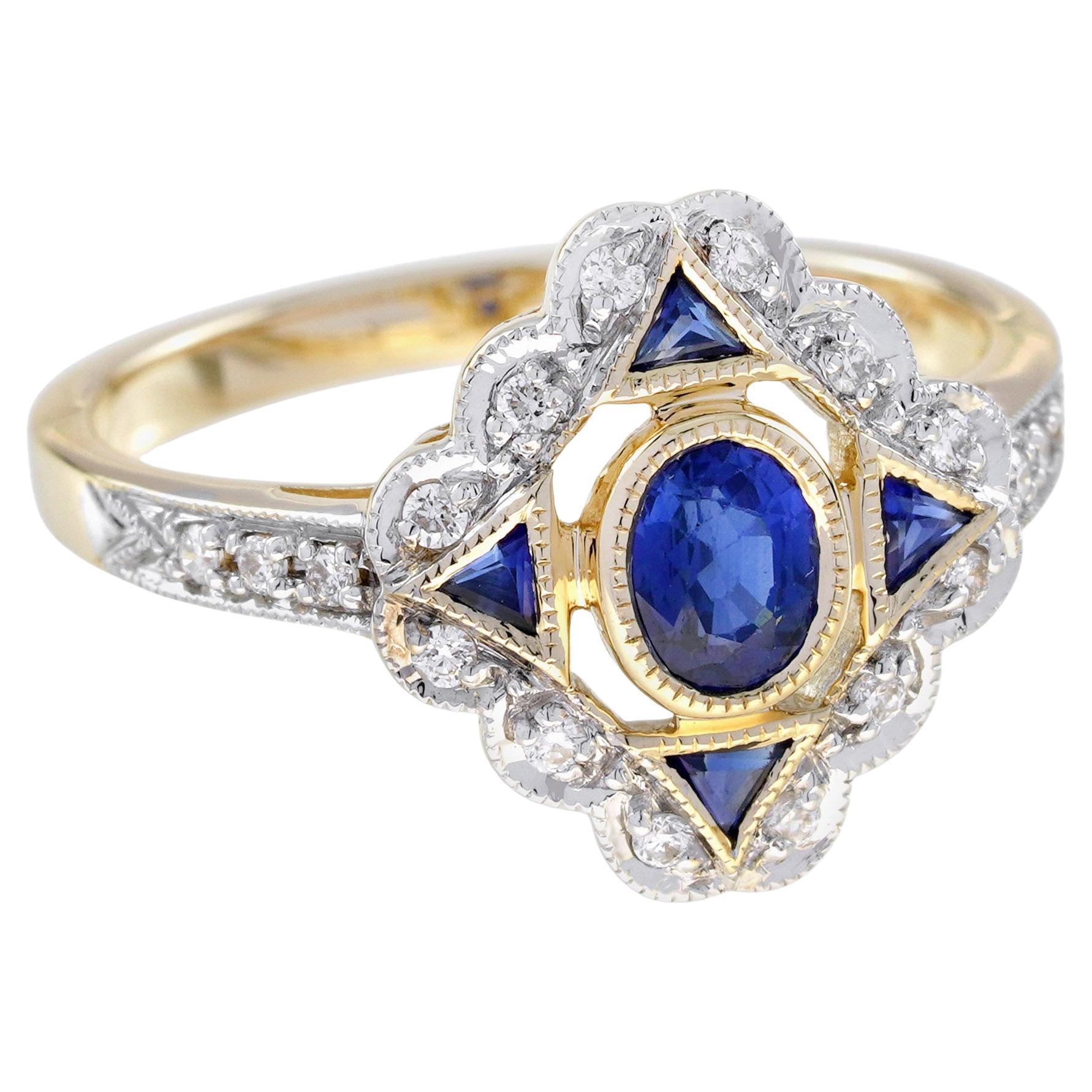 Bague en or jaune 14 carats saphir bleu et diamant d'inspiration vintage Art of Vintage en vente