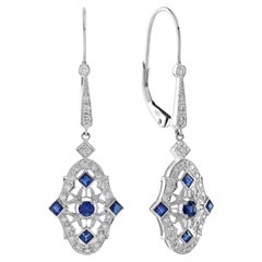 Blauer Saphir & Diamant Vintage inspiriert Art Deco Stil Tropfen Weißgold Ohrringe