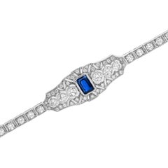 Blue Sapphire & Diamond Vintage Inspired Art Deco Style White Gold Line Bracelet