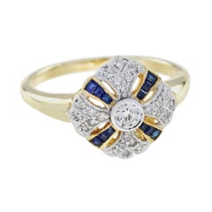 Zafiro Azul y Diamante Anillo de Oro Amarillo de 14K Estilo Vintage