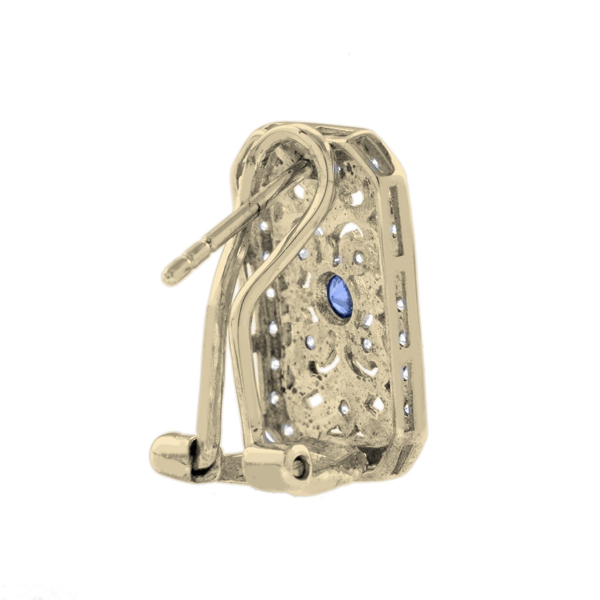 Art Deco Blue Sapphire & Diamond Vintage Style Filigree 14K Yellow Gold Earrings For Sale