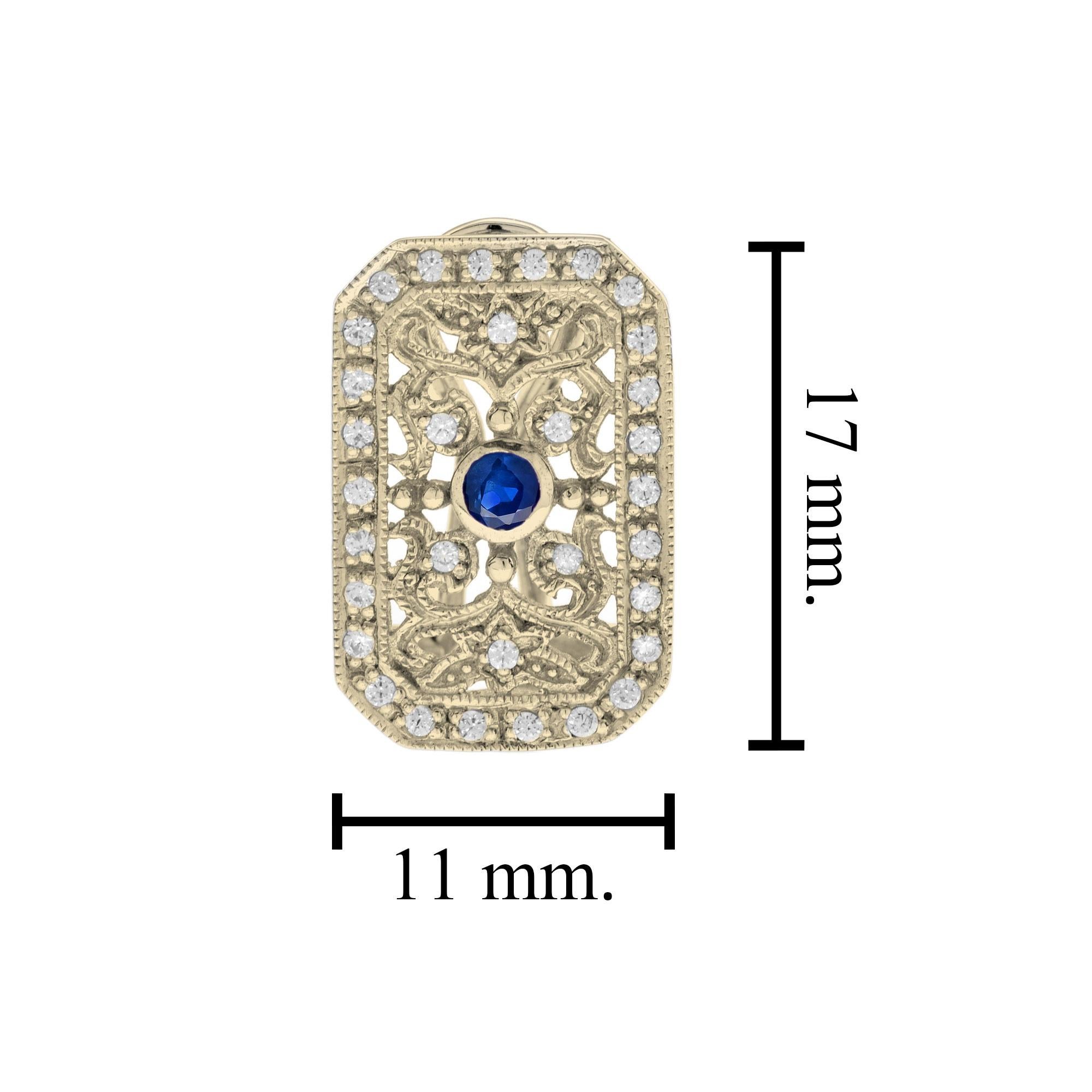 Round Cut Blue Sapphire & Diamond Vintage Style Filigree 14K Yellow Gold Earrings For Sale