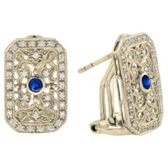 Blue Sapphire & Diamond Vintage Style Filigree 14K Yellow Gold Earrings