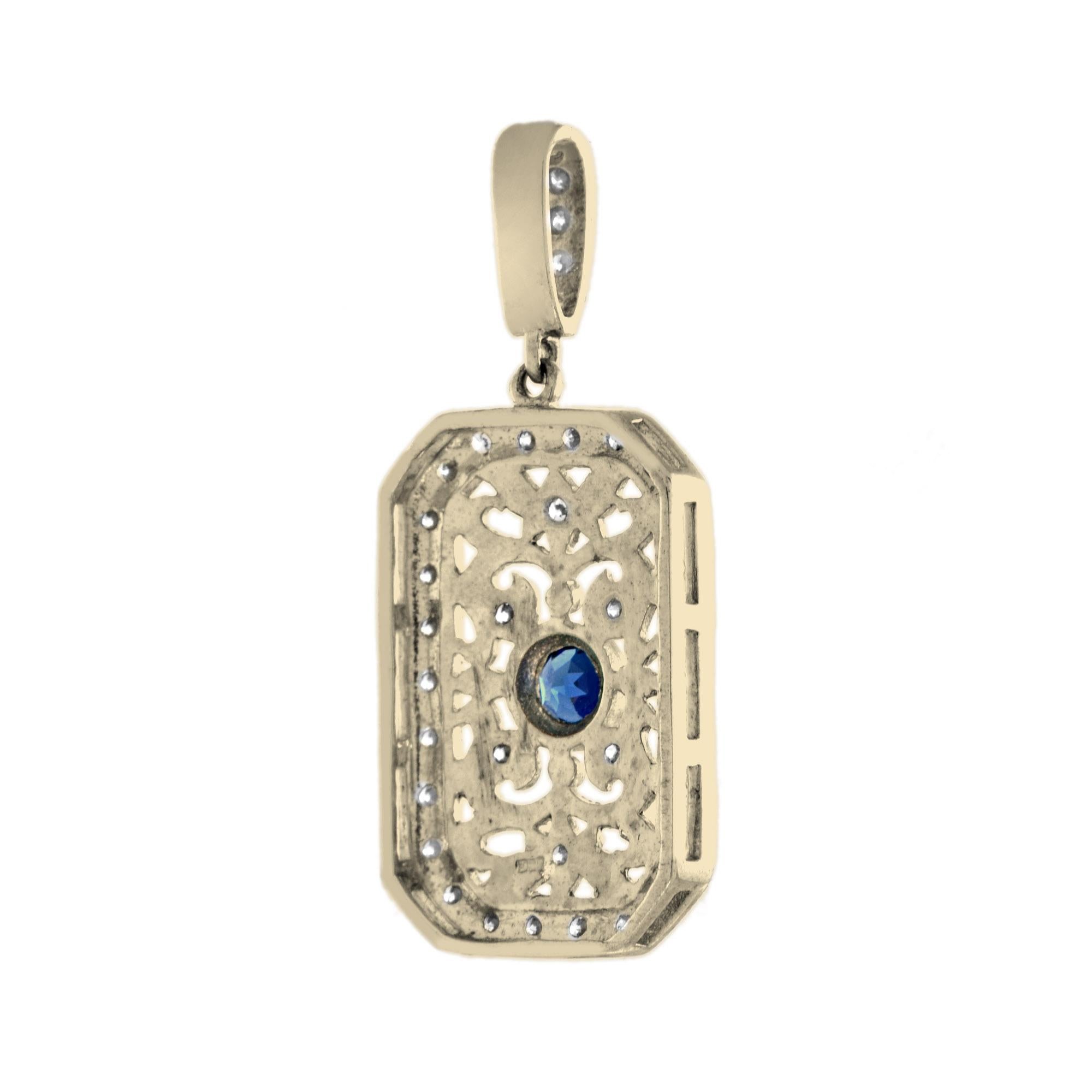 Round Cut Blue Sapphire & Diamond Vintage Style Filigree 14K Yellow Gold Pendant For Sale