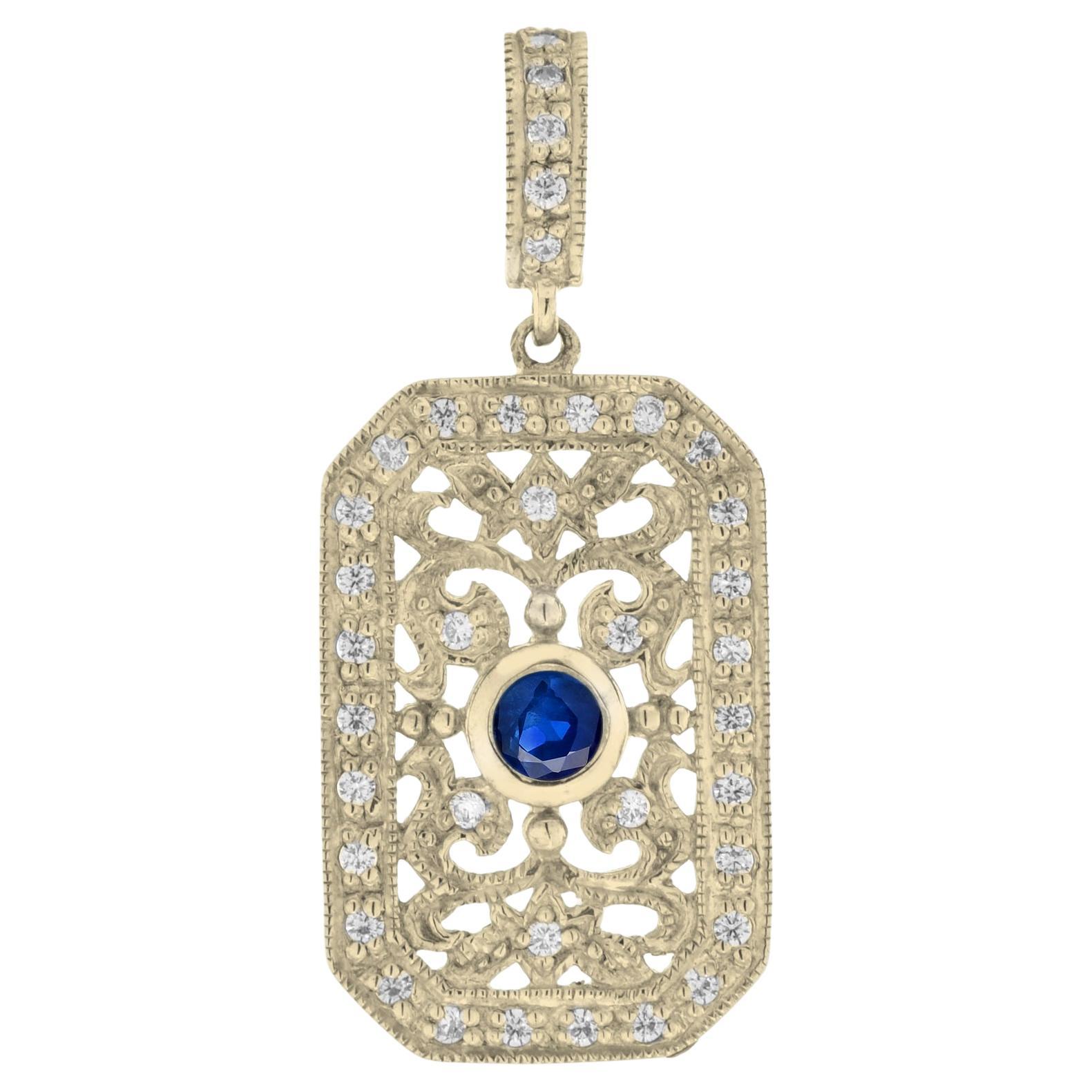 Blue Sapphire & Diamond Vintage Style Filigree 14K Yellow Gold Pendant