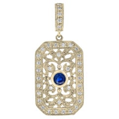 Blue Sapphire & Diamond Vintage Style Filigree 14K Yellow Gold Pendant