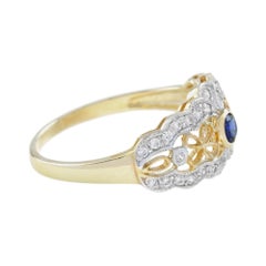 Blue Sapphire & Diamond Vintage Style Filigree 14K Yellow Gold Ring