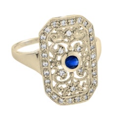 Blue Sapphire & Diamond Vintage Style Filigree 14K Yellow Gold Shield Ring