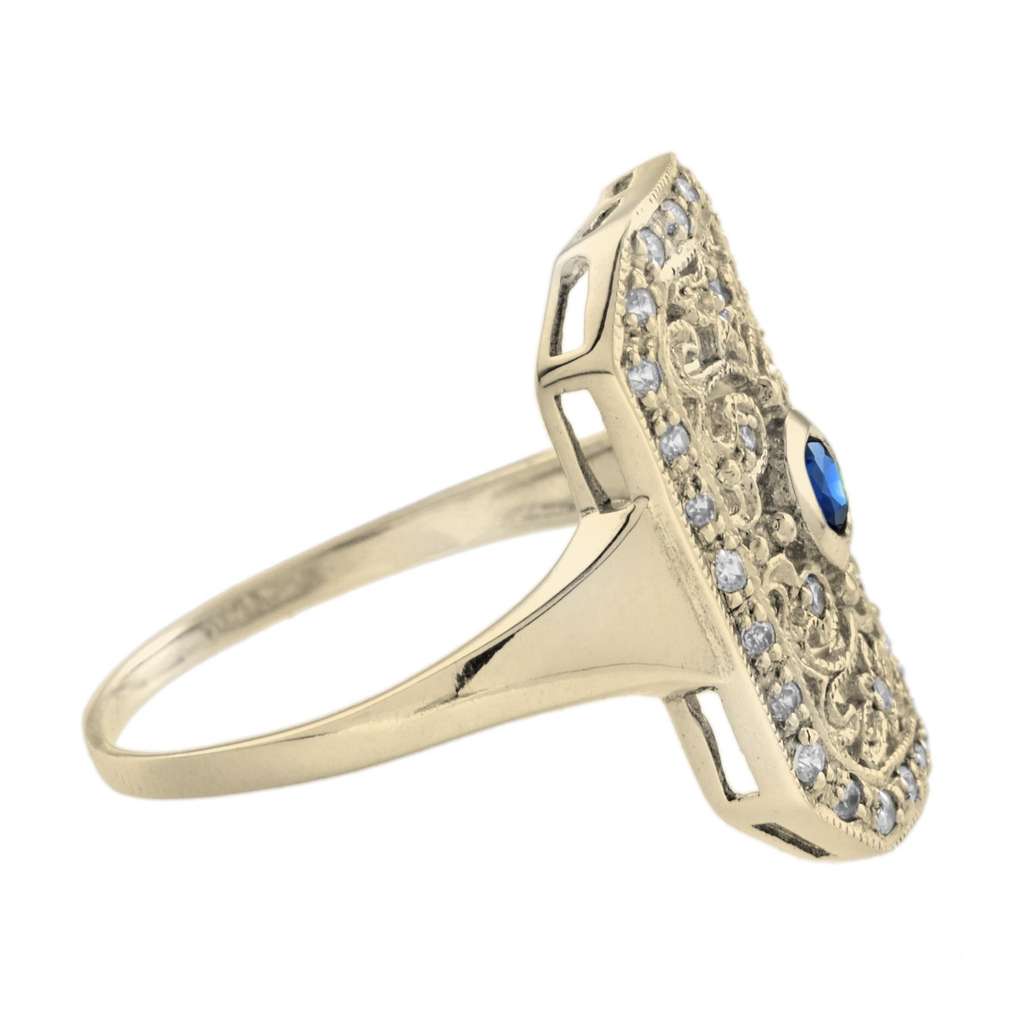 Art Deco Blue Sapphire & Diamond Vintage Style Filigree 14K Yellow Gold Shield Ring For Sale