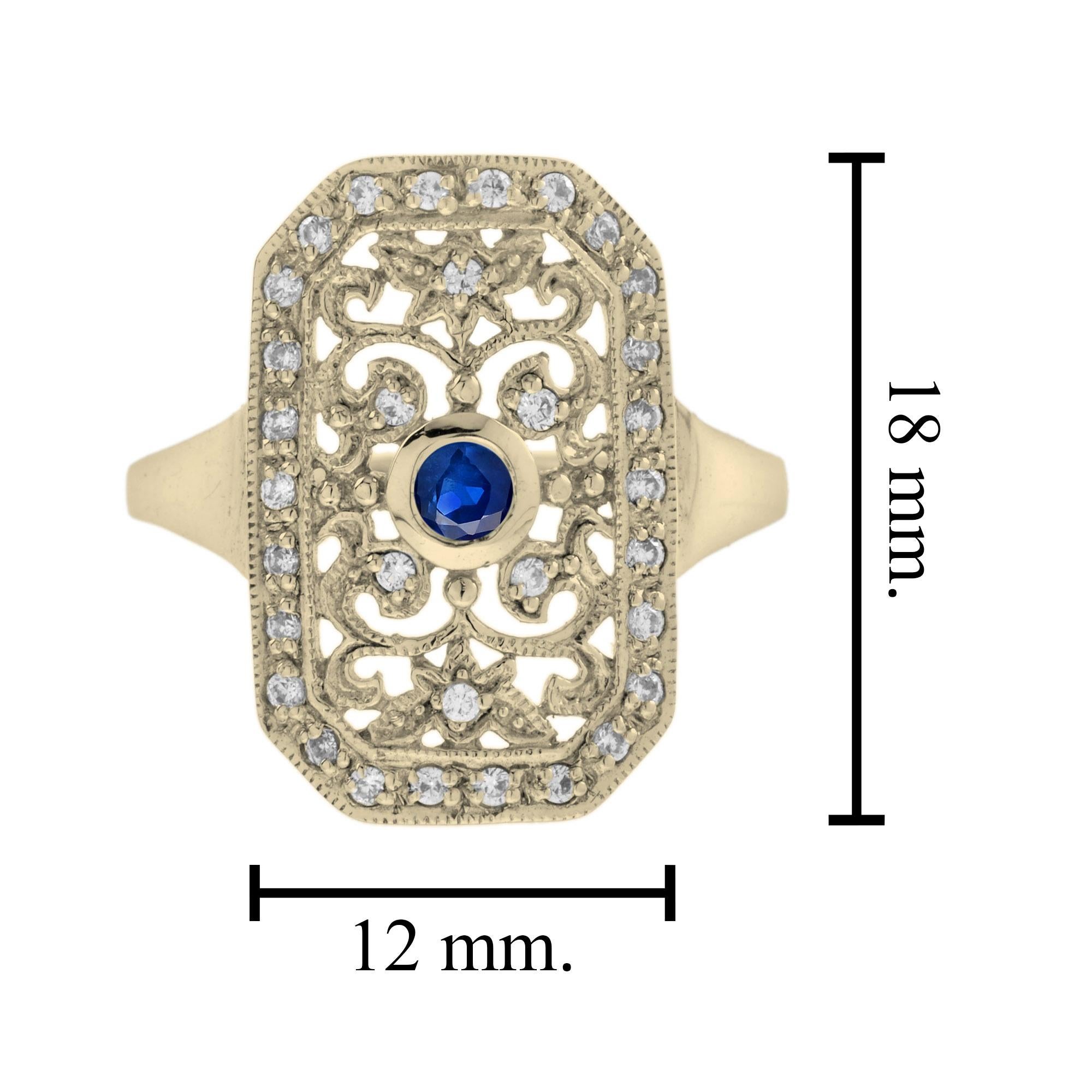 Women's or Men's Blue Sapphire & Diamond Vintage Style Filigree 14K Yellow Gold Shield Ring For Sale
