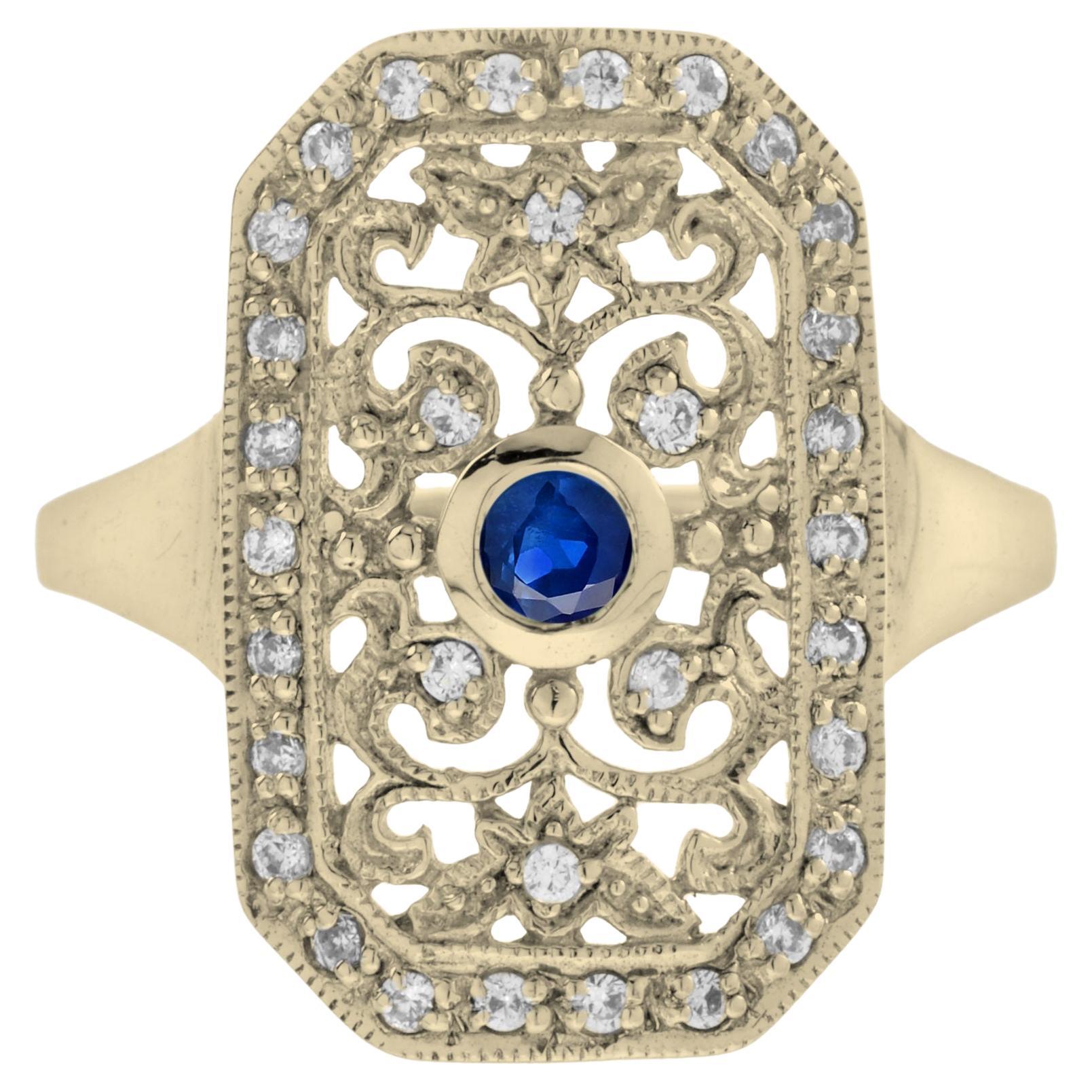 Blue Sapphire & Diamond Vintage Style Filigree 14K Yellow Gold Shield Ring