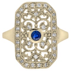 Blue Sapphire & Diamond Vintage Style Filigree 14K Yellow Gold Shield Ring