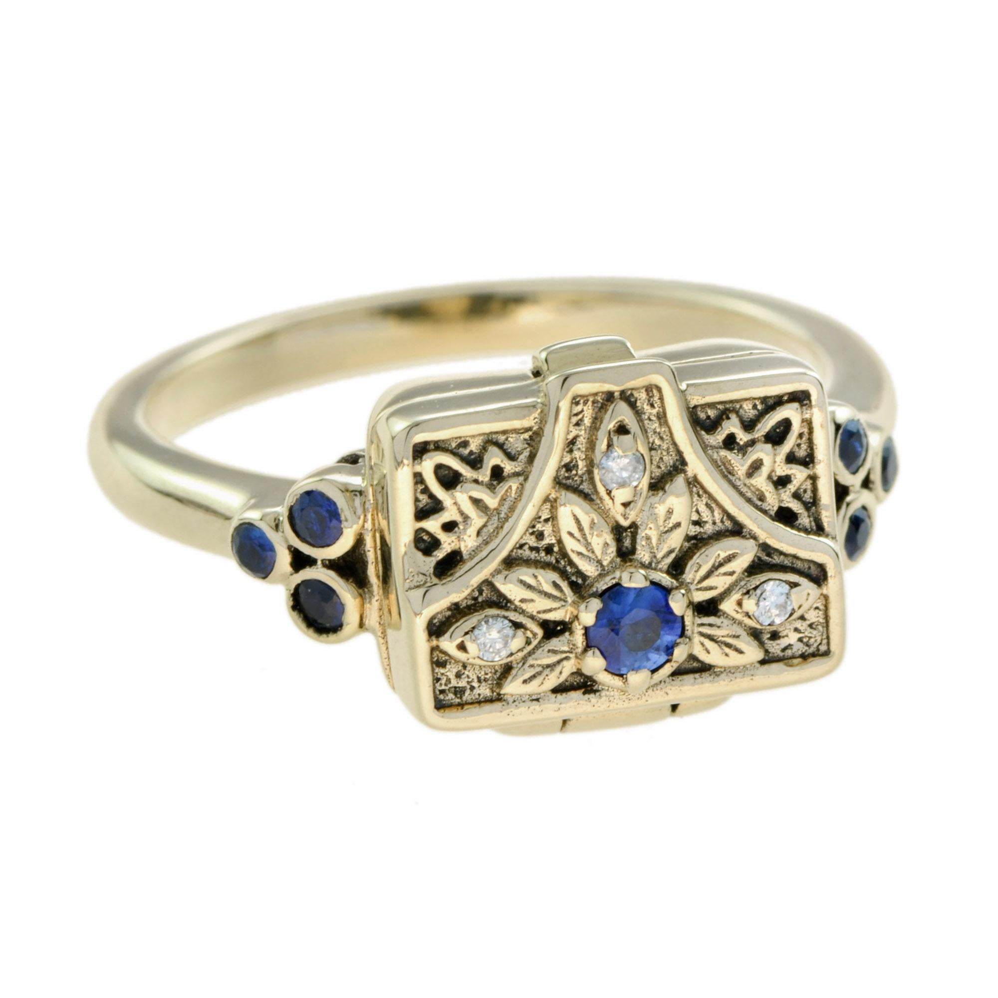 This exquisite ring is crafted from yellow gold. Featuring a natural blue sapphire and round diamonds. The decorative lid is crafted as an envelope design that can be opened and closed perfectly. The shoulders is decorated with 3 sapphires each.