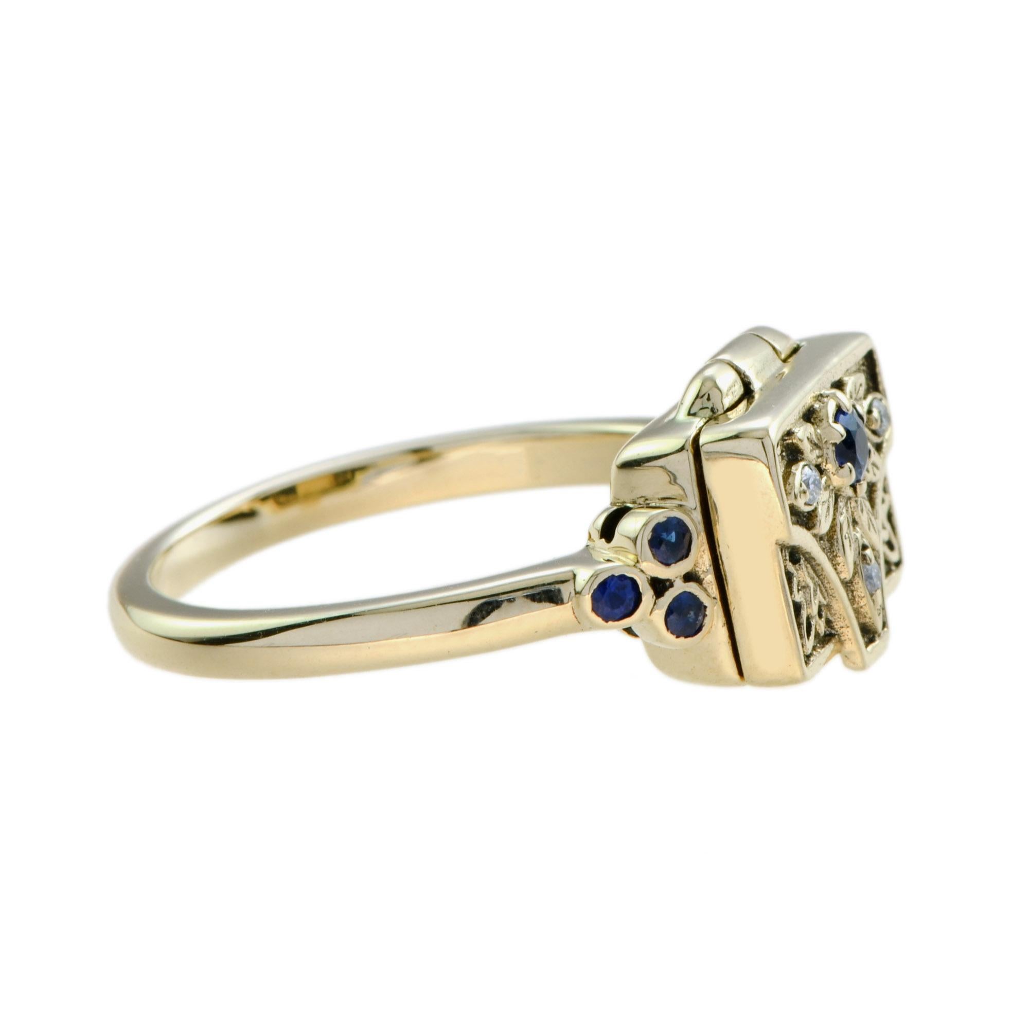 Round Cut Blue Sapphire & Diamond Vintage Style Poison Locket 14K Yellow Gold Ring For Sale