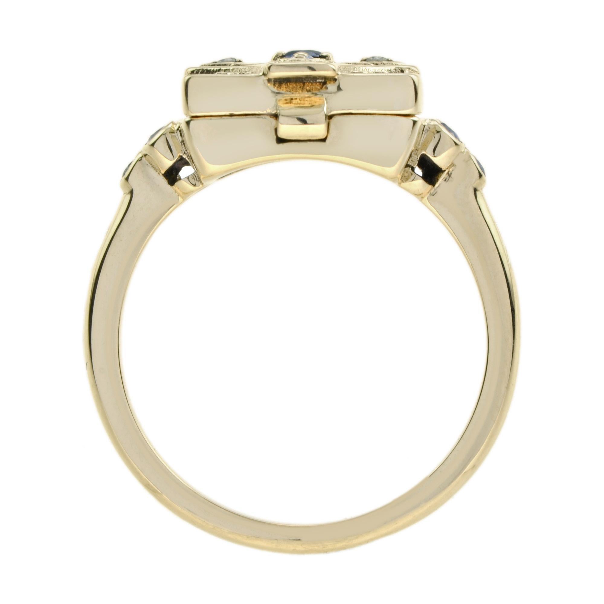 Women's Blue Sapphire & Diamond Vintage Style Poison Locket 14K Yellow Gold Ring For Sale