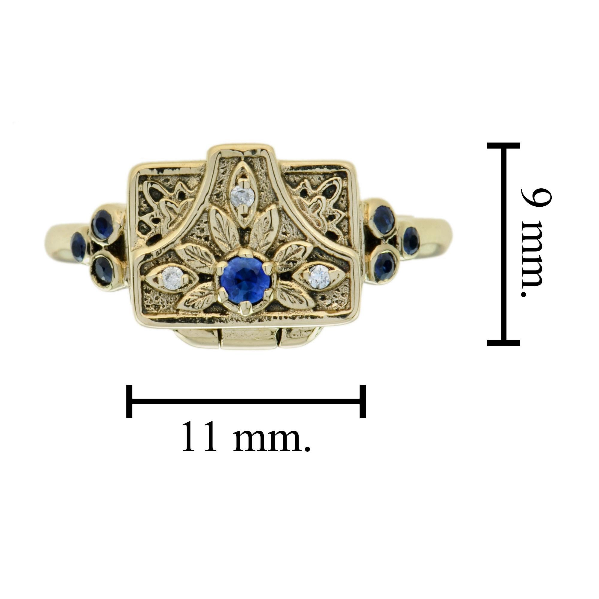 Blue Sapphire & Diamond Vintage Style Poison Locket 14K Yellow Gold Ring For Sale 2