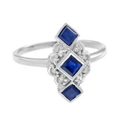 Blue Sapphire Diamond Vintage Style Vertical Three Stone 14K White Gold Ring