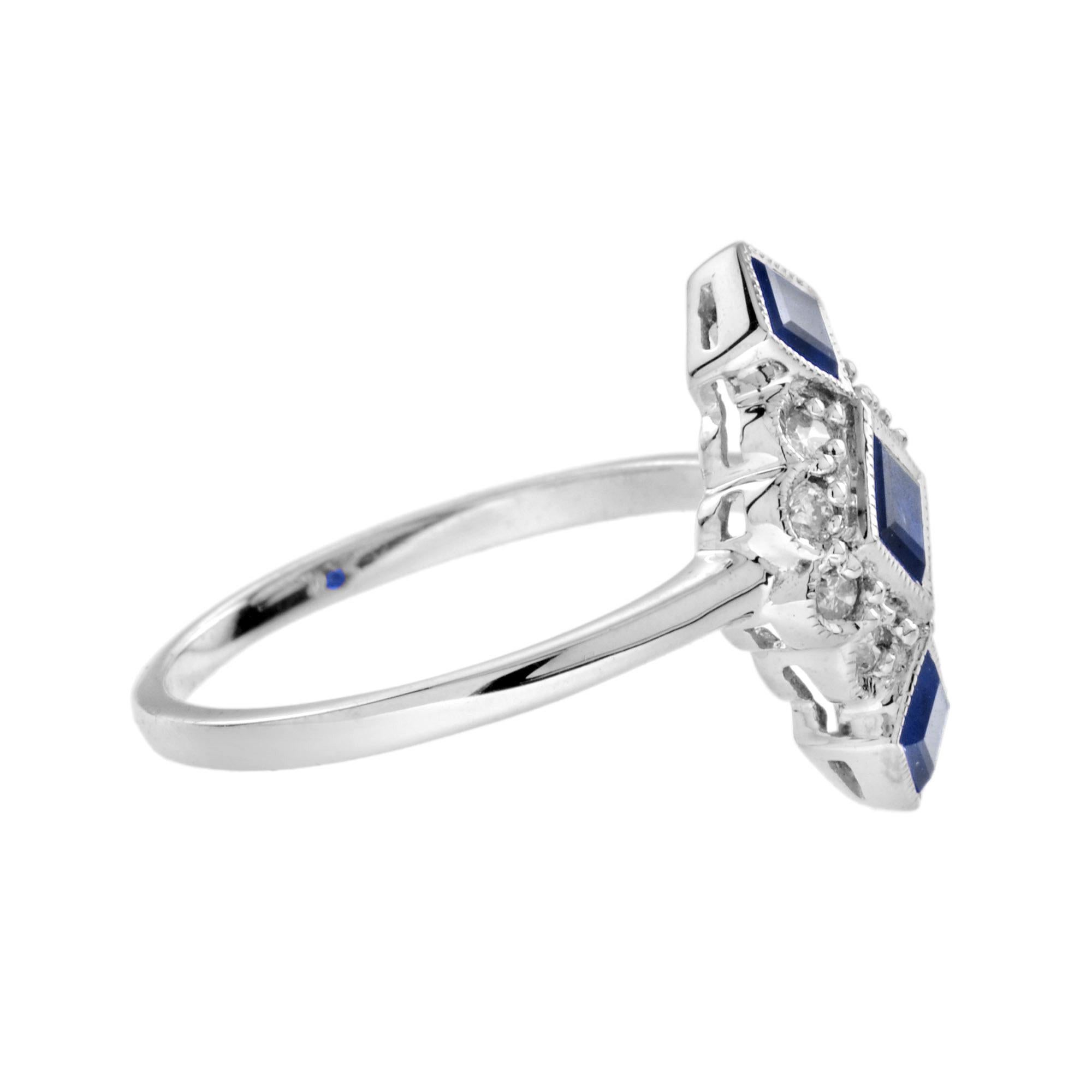 Art déco Saphir bleu Diamant Style Vintage Vertical Trois Pierres Bague en or blanc 14K en vente