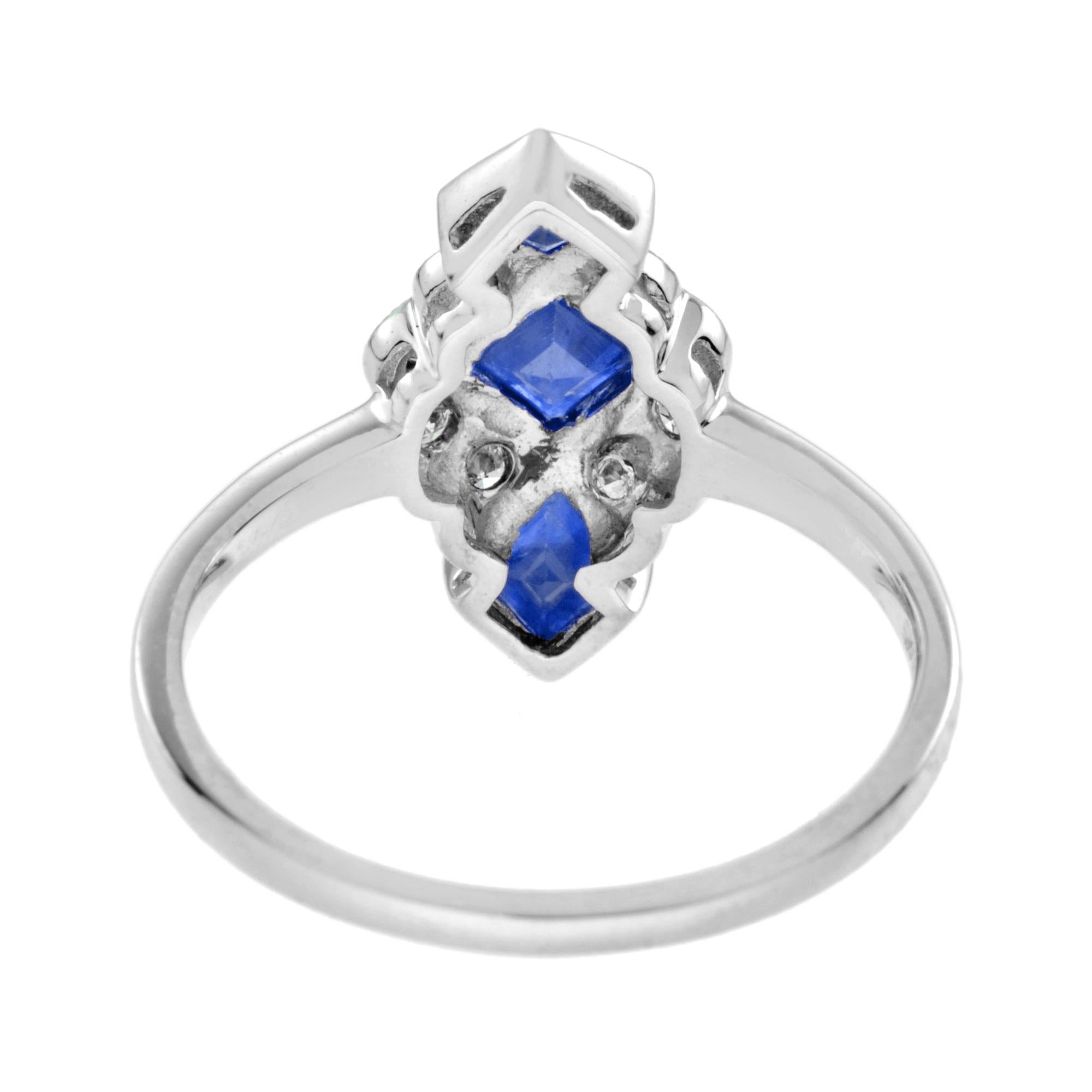 Taille carrée Saphir bleu Diamant Style Vintage Vertical Trois Pierres Bague en or blanc 14K en vente