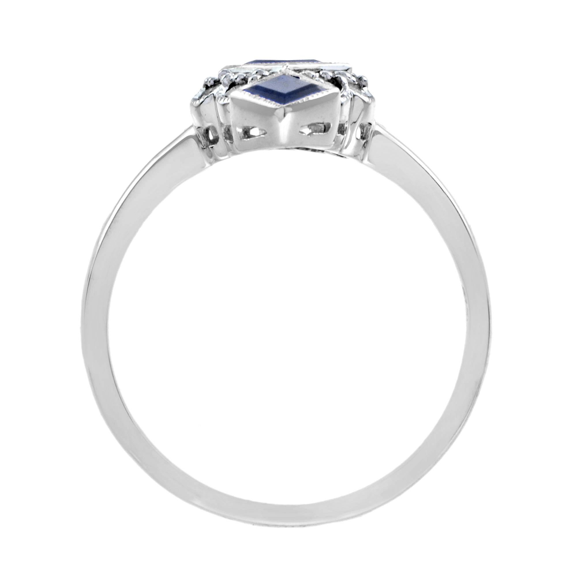 Saphir bleu Diamant Style Vintage Vertical Trois Pierres Bague en or blanc 14K Neuf - En vente à Oakton, VA