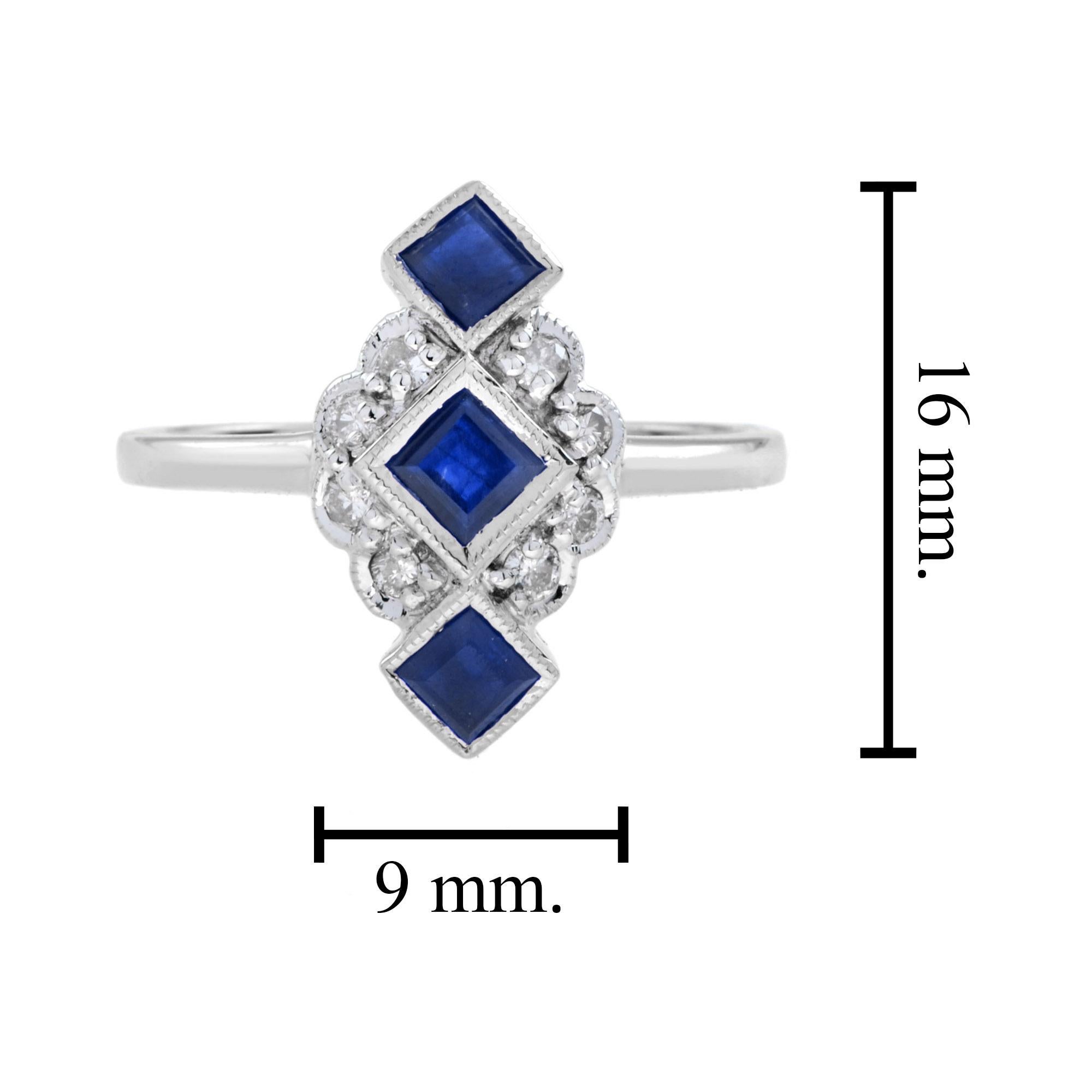 Saphir bleu Diamant Style Vintage Vertical Trois Pierres Bague en or blanc 14K Pour femmes en vente