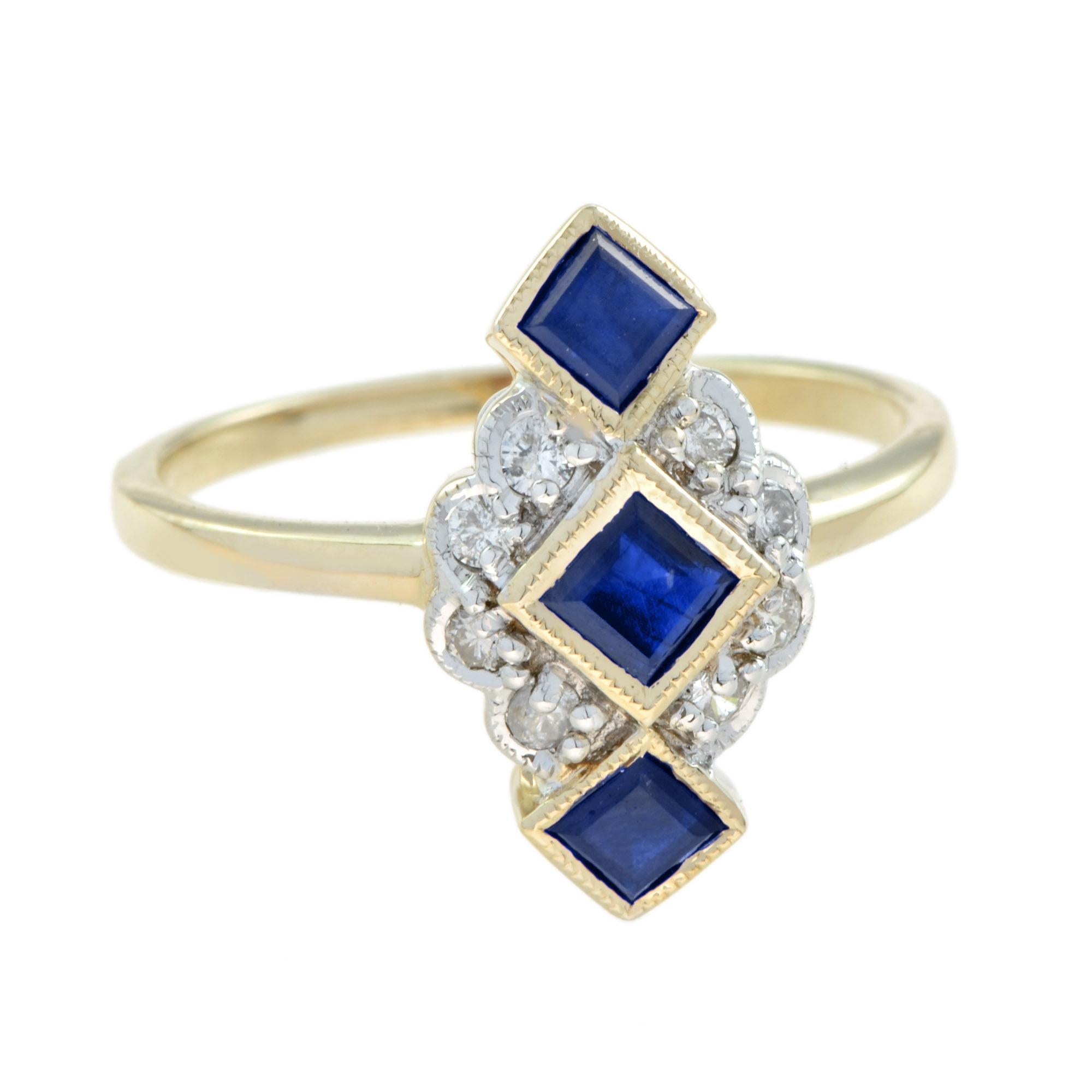 For Sale:  Blue Sapphire Diamond Vintage Style Vertical  Three Stone Ring in 9K Yellow Gold 3