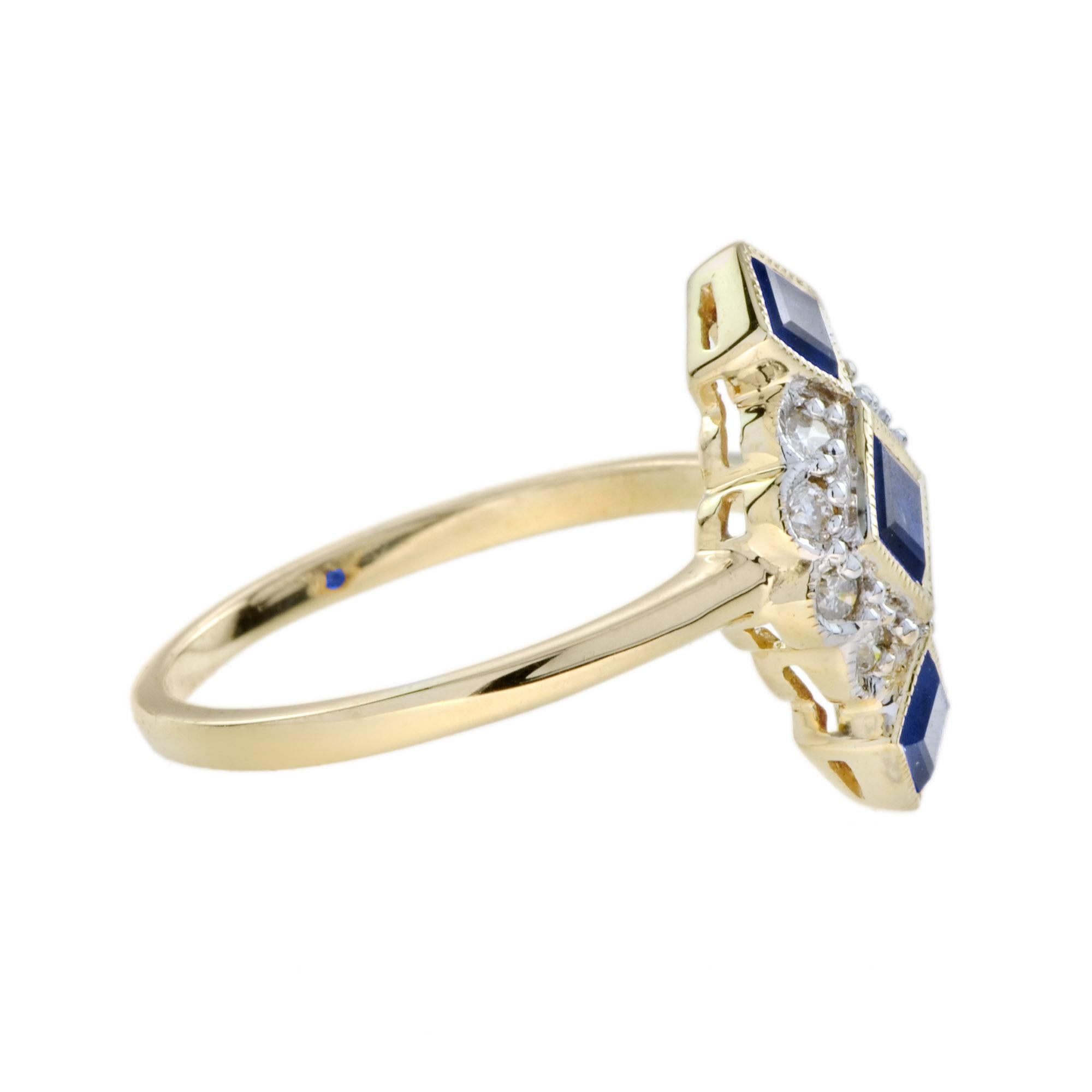 For Sale:  Blue Sapphire Diamond Vintage Style Vertical  Three Stone Ring in 9K Yellow Gold 4