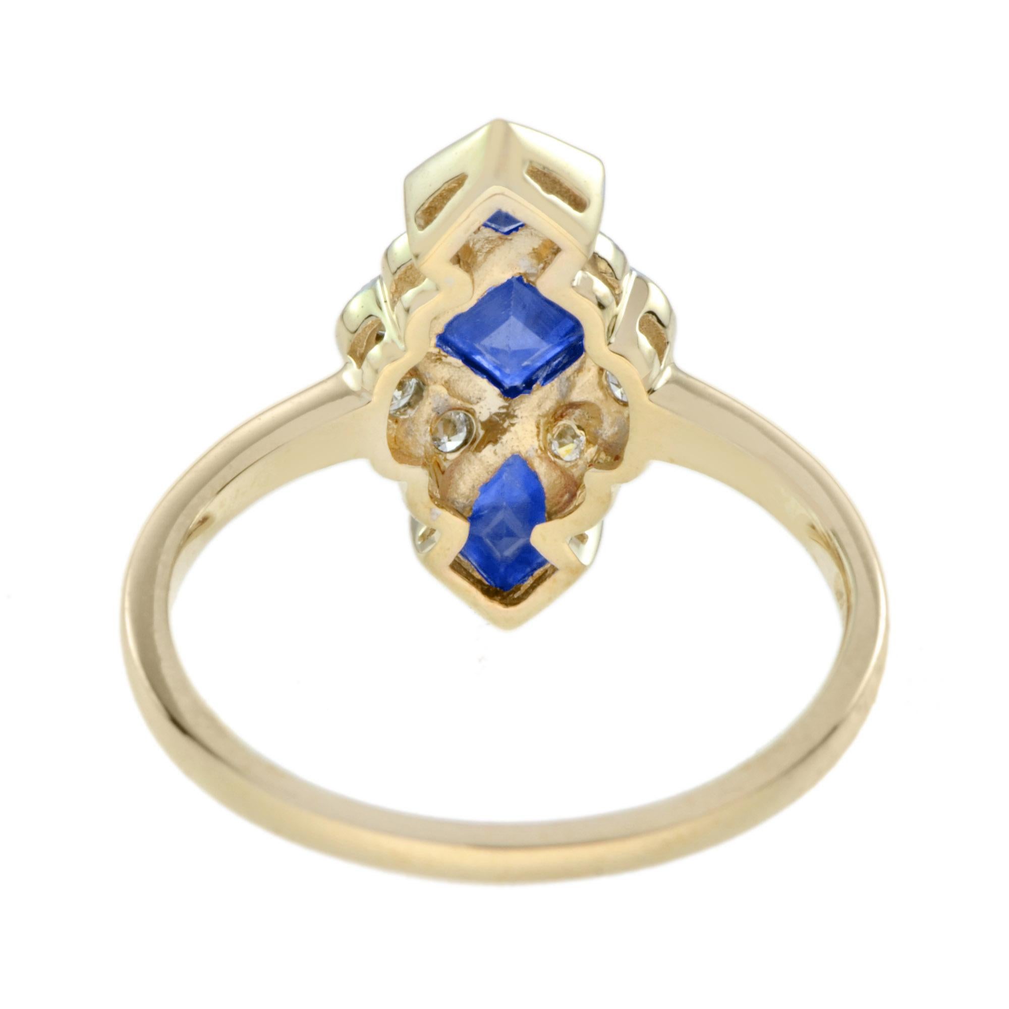 For Sale:  Blue Sapphire Diamond Vintage Style Vertical  Three Stone Ring in 9K Yellow Gold 5