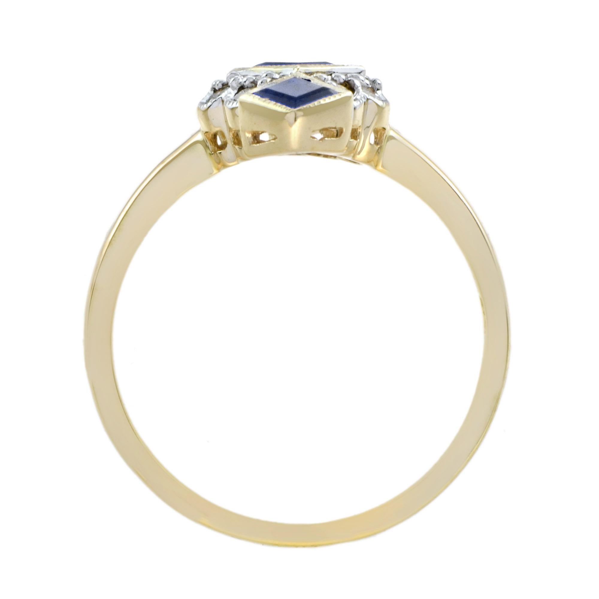For Sale:  Blue Sapphire Diamond Vintage Style Vertical  Three Stone Ring in 9K Yellow Gold 6