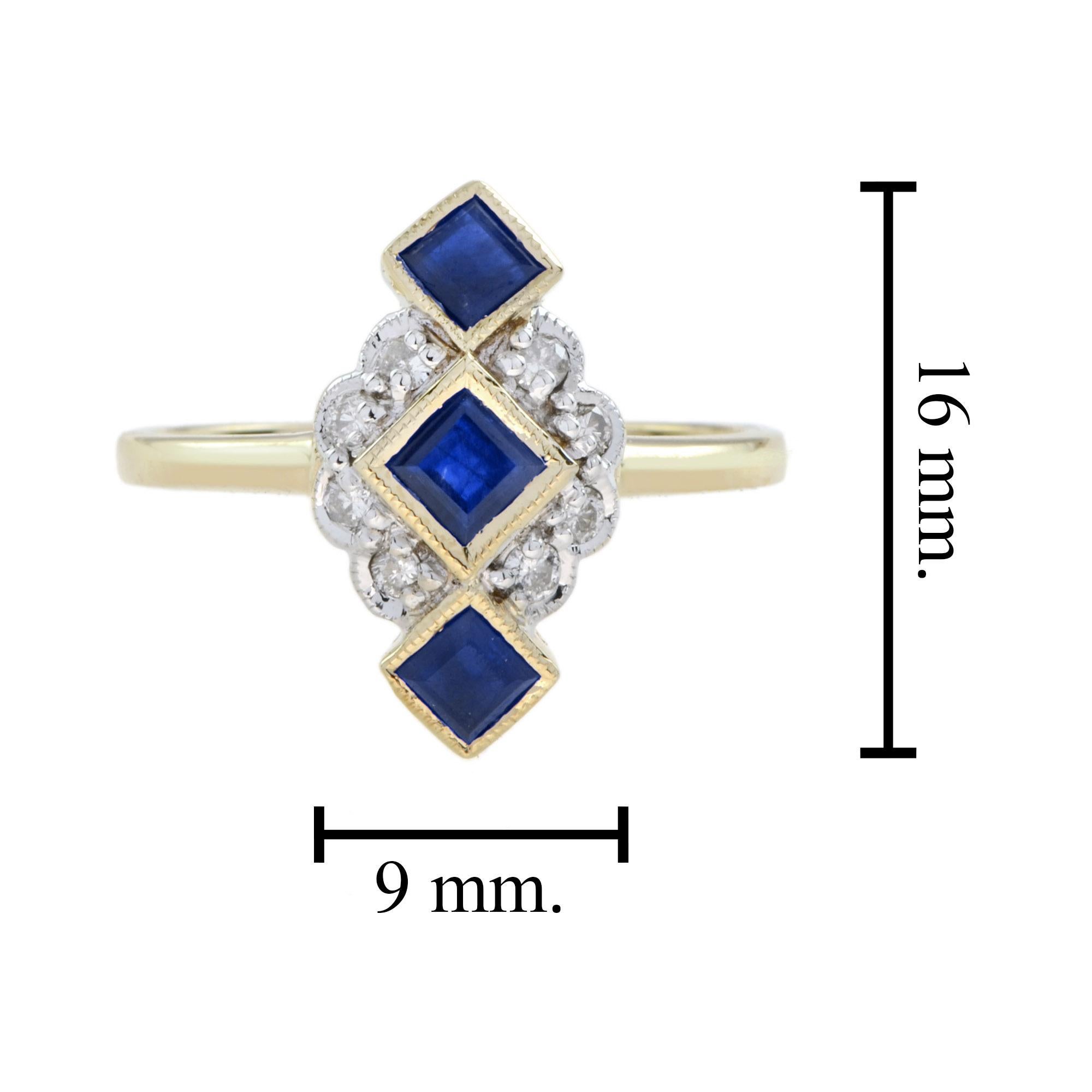For Sale:  Blue Sapphire Diamond Vintage Style Vertical  Three Stone Ring in 9K Yellow Gold 7