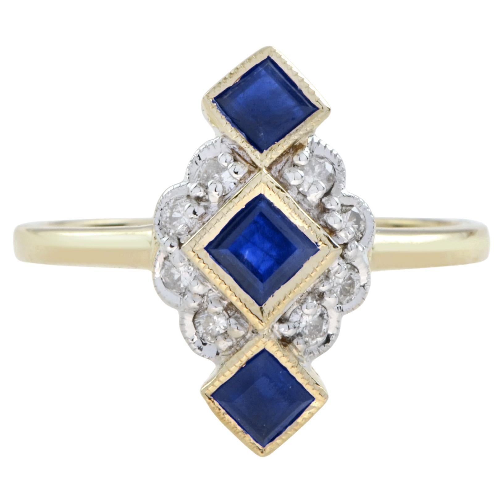 Blue Sapphire Diamond Vintage Style Vertical  Three Stone Ring in 9K Yellow Gold