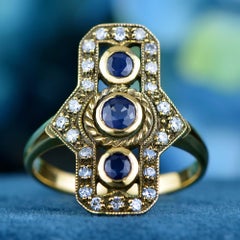 Blue Sapphire Diamond Vintage Style Vertical Trinity Ring in 9K Gold