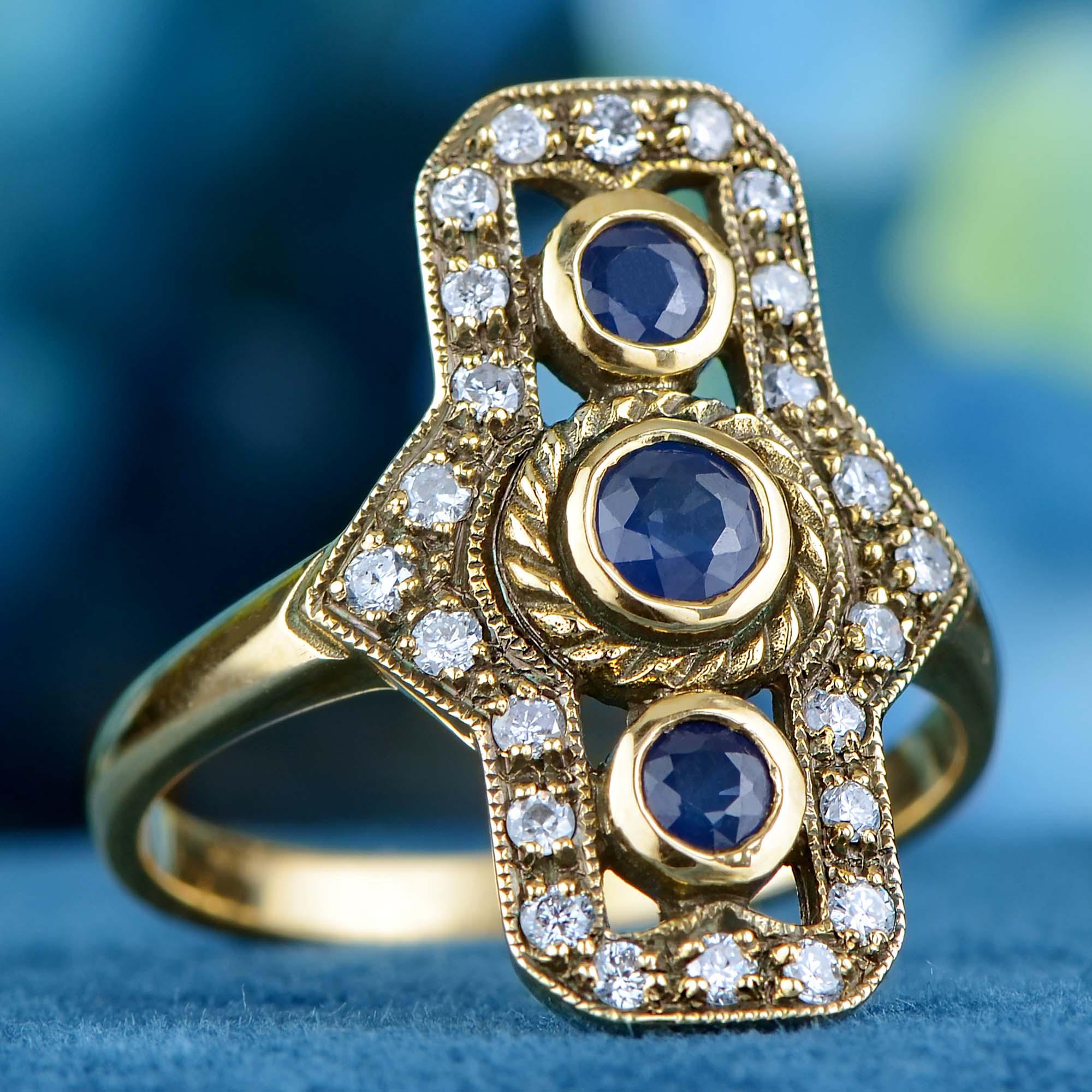 Edoardiano Blue Sapphire Diamond Vintage Style Vertical Trinity Ring in 9K Gold in vendita