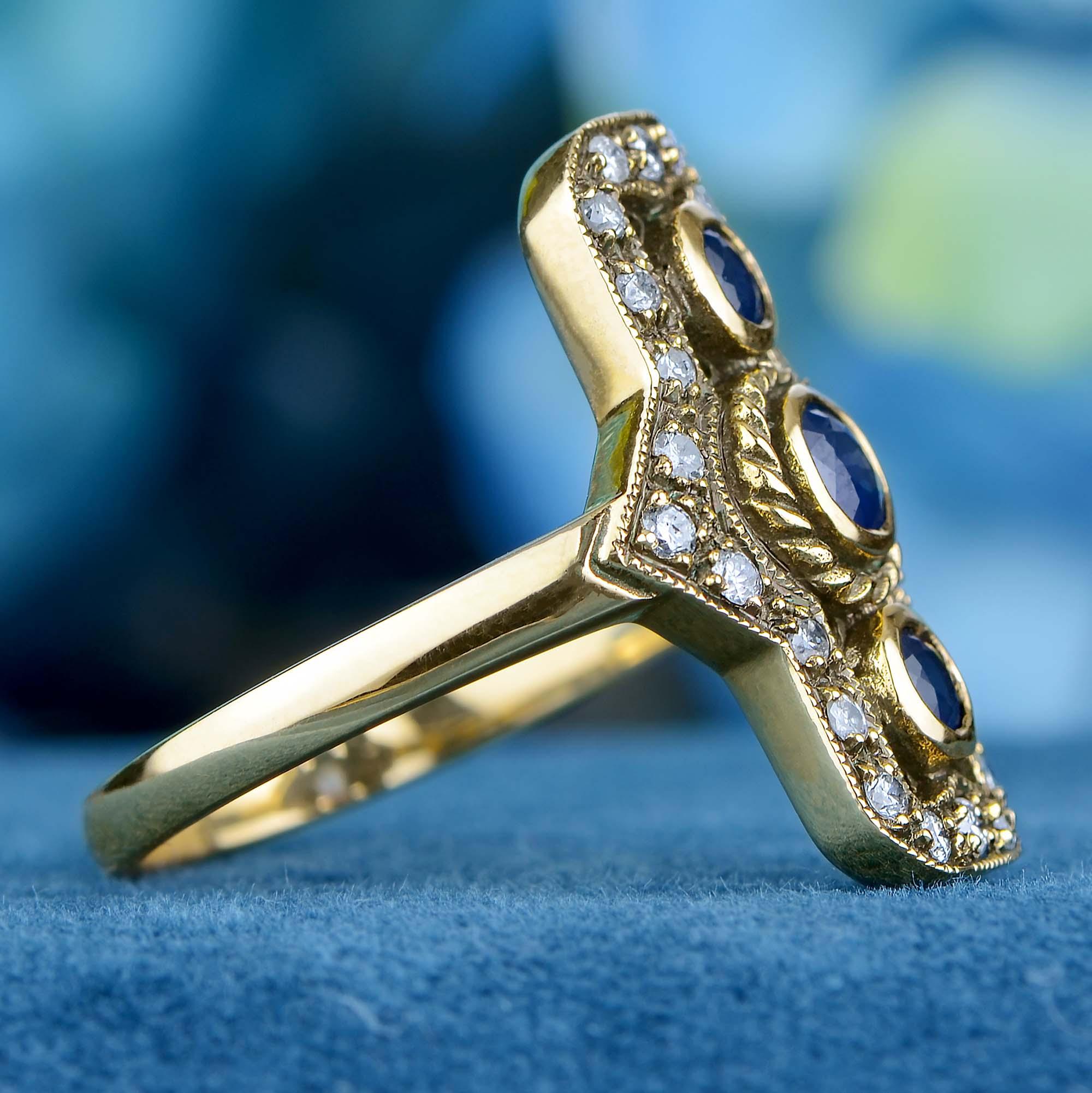 Taglio rotondo Blue Sapphire Diamond Vintage Style Vertical Trinity Ring in 9K Gold in vendita