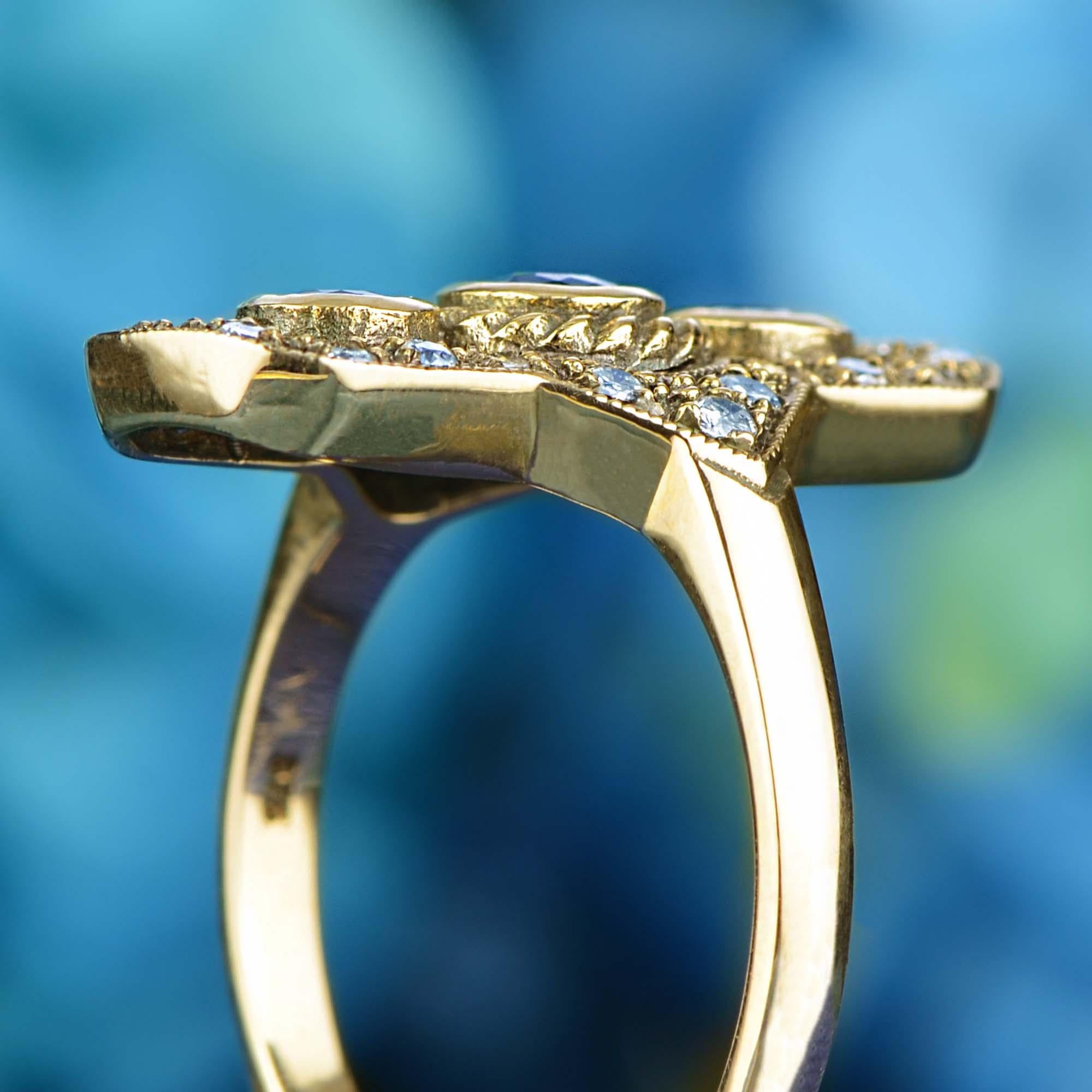 Donna Blue Sapphire Diamond Vintage Style Vertical Trinity Ring in 9K Gold in vendita