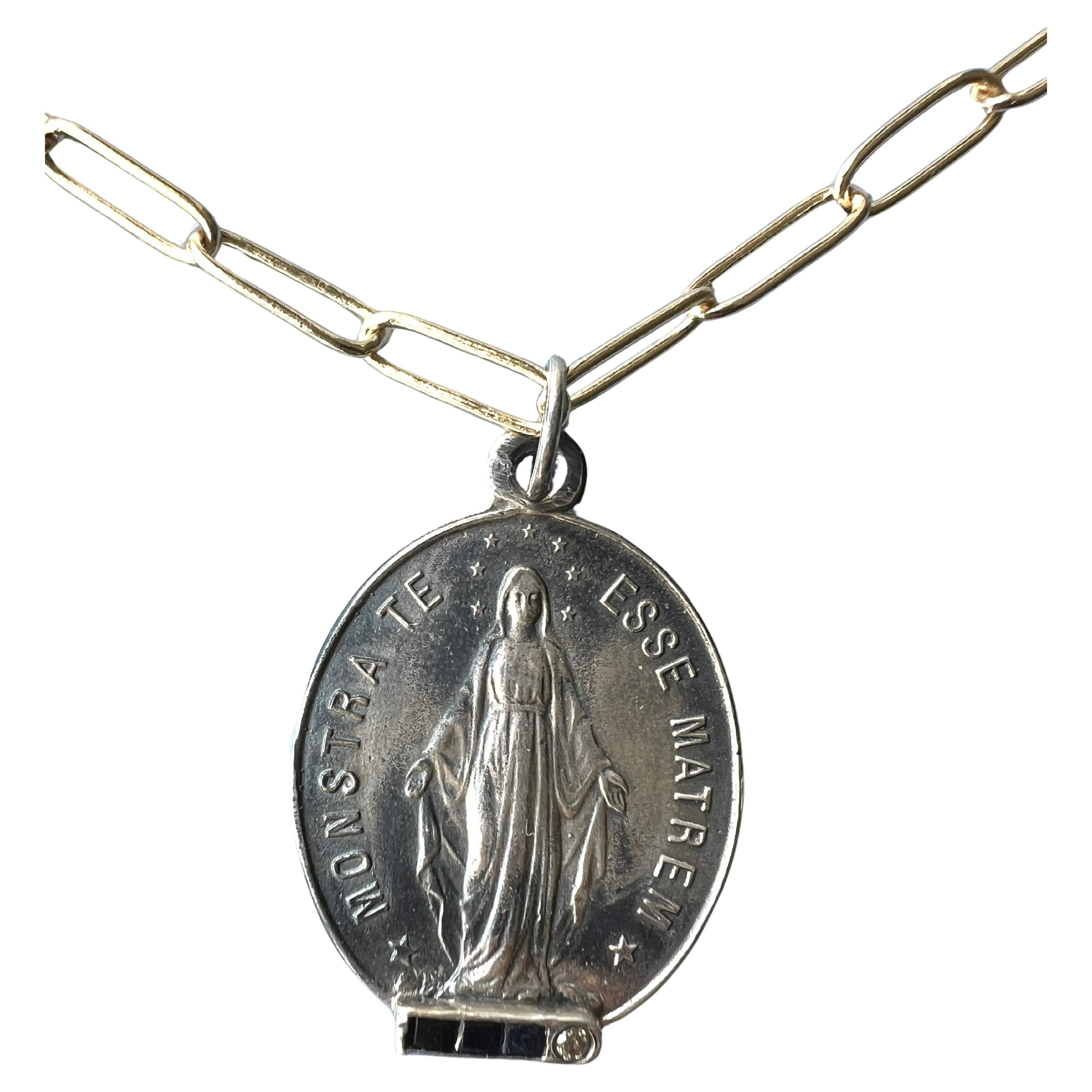 Blue Sapphire Diamond Virgin Mary Medal Chain Necklace