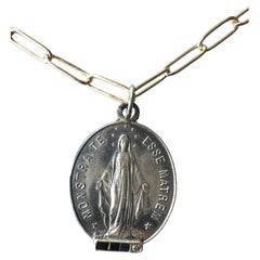 Blue Sapphire Diamond Virgin Mary Medal Chain Necklace