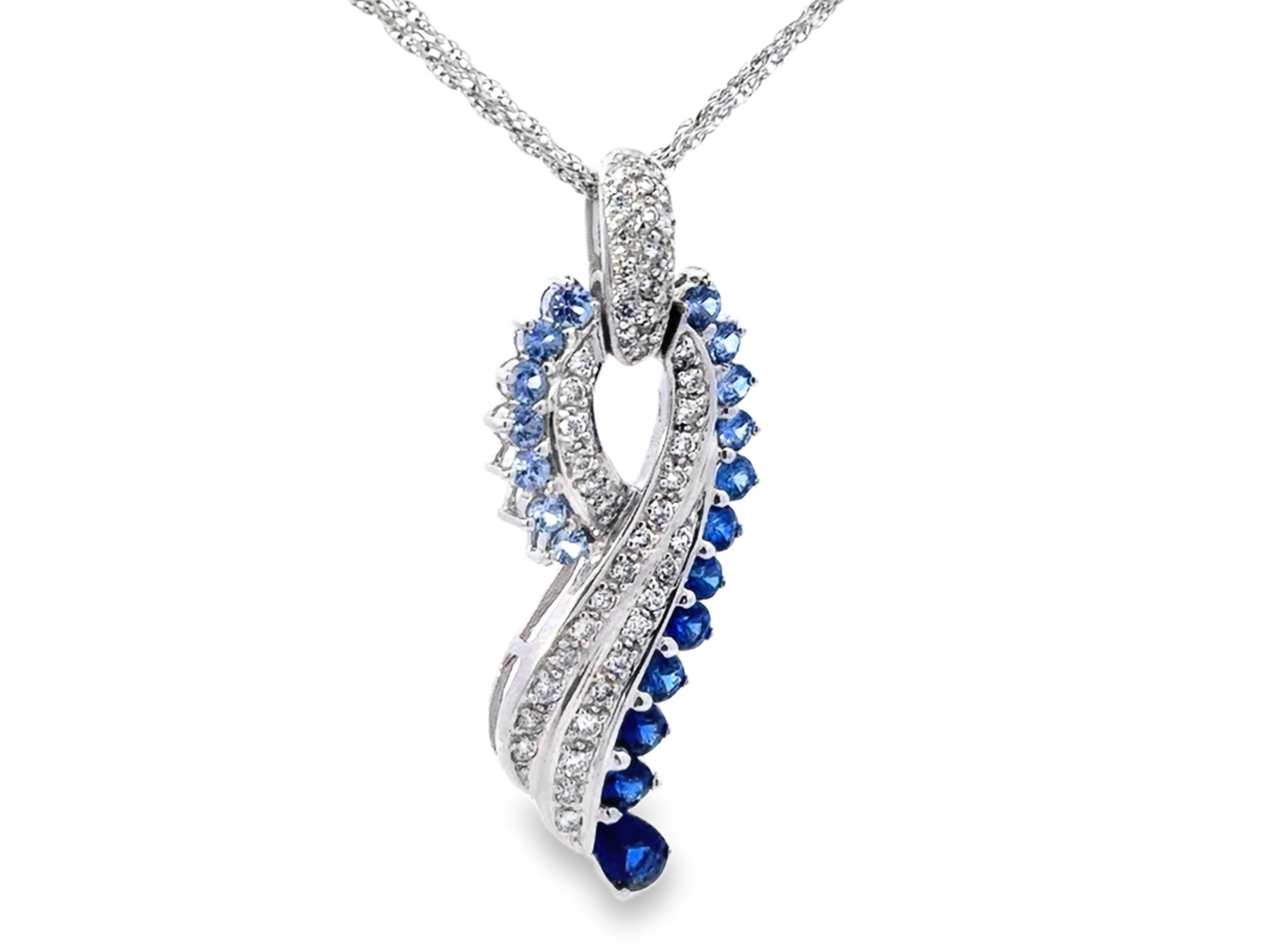 Modern Blue Sapphire Diamond Waterfall Pendant Triple Chain Necklace 14k White Gold For Sale