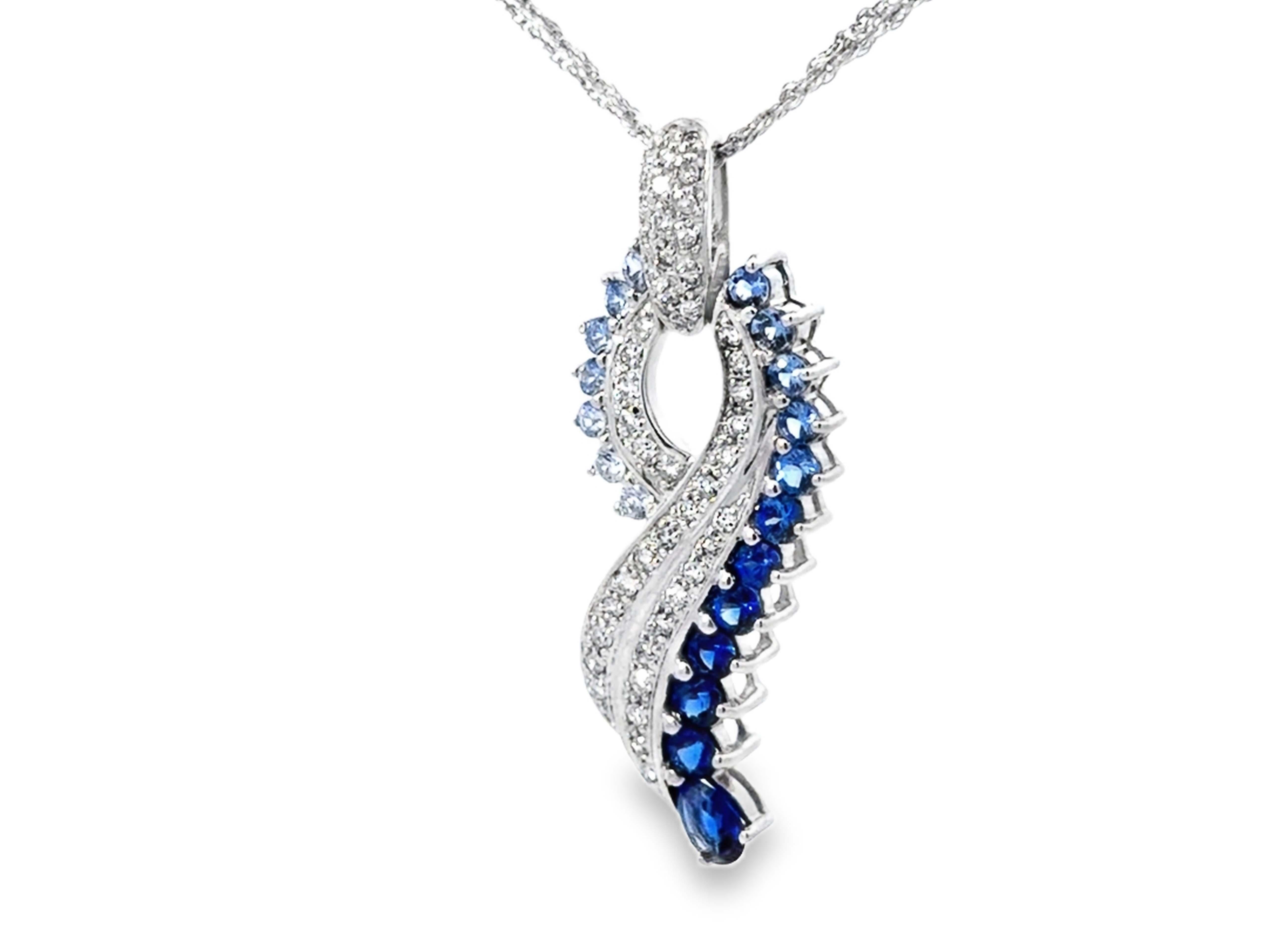 Brilliant Cut Blue Sapphire Diamond Waterfall Pendant Triple Chain Necklace 14k White Gold For Sale