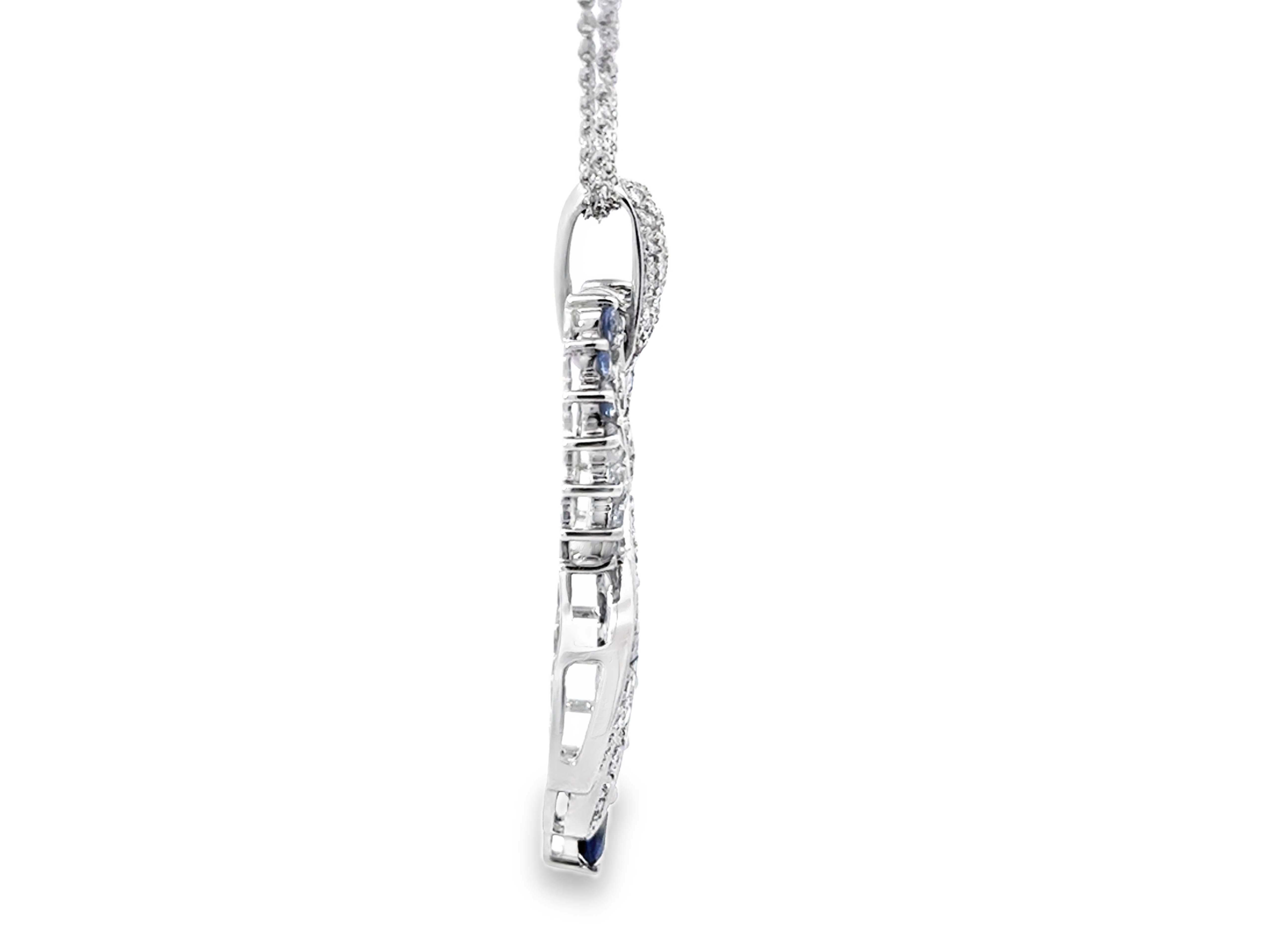 Blue Sapphire Diamond Waterfall Pendant Triple Chain Necklace 14k White Gold In Excellent Condition For Sale In Honolulu, HI