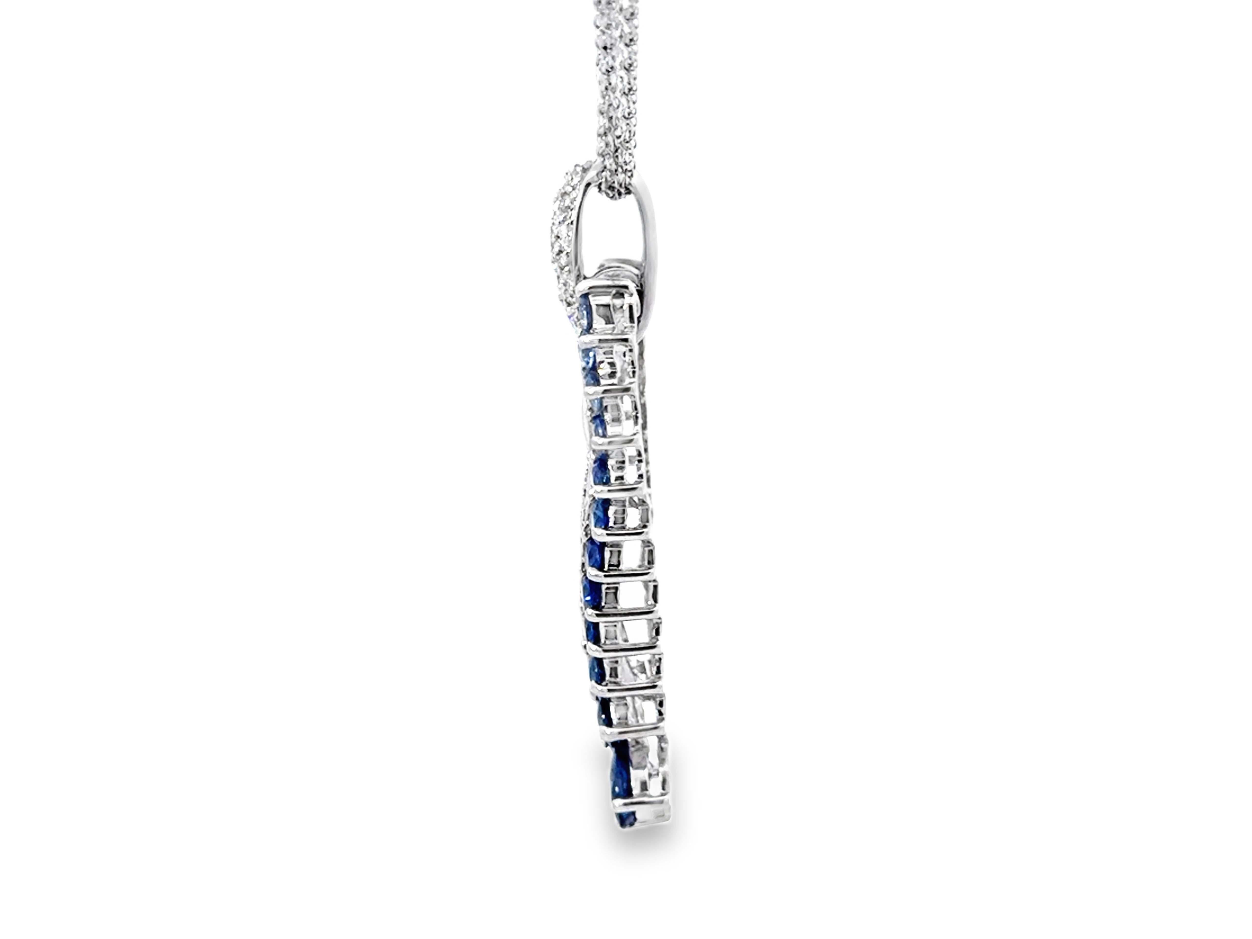 Women's Blue Sapphire Diamond Waterfall Pendant Triple Chain Necklace 14k White Gold For Sale