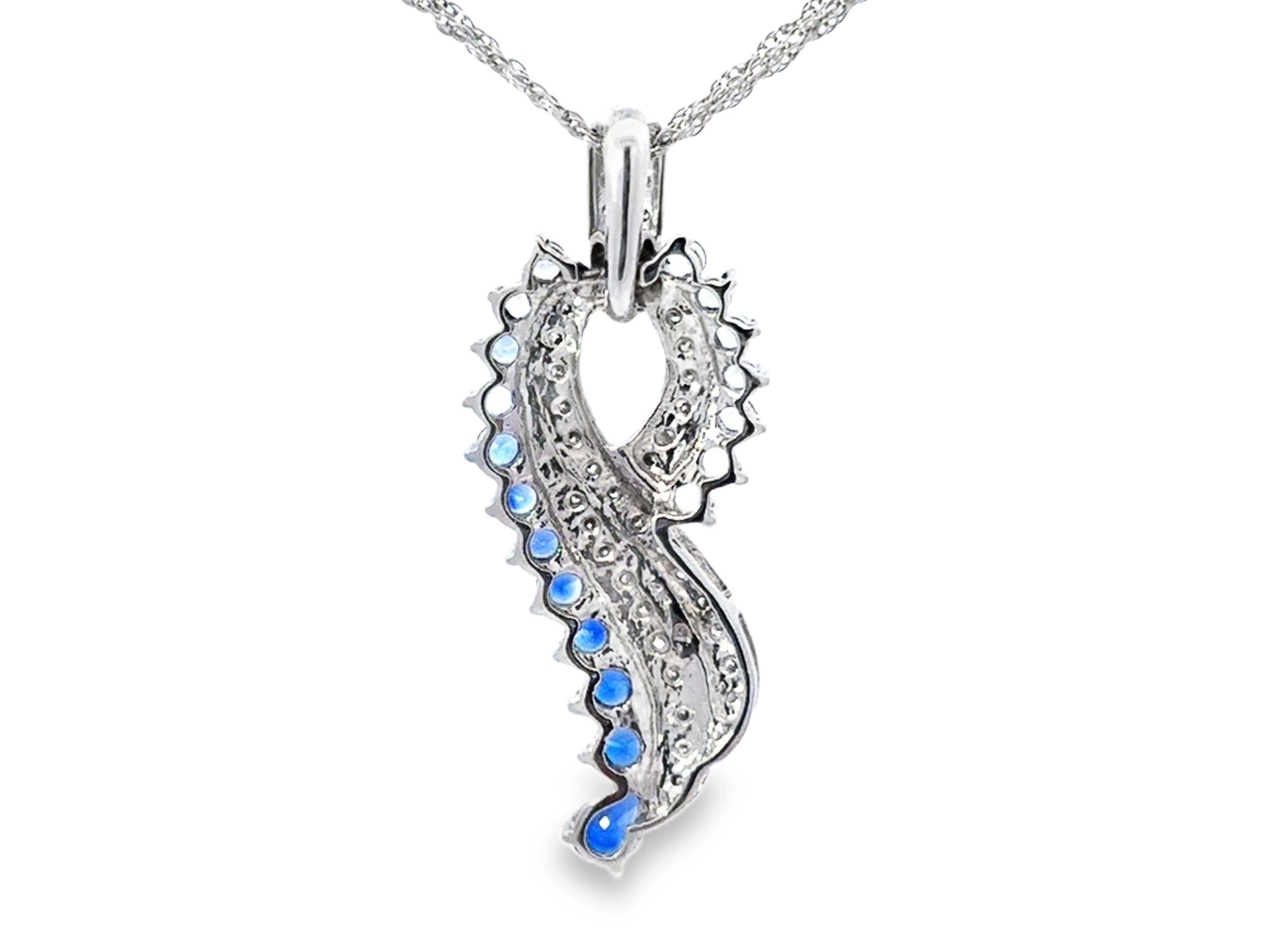 Blue Sapphire Diamond Waterfall Pendant Triple Chain Necklace 14k White Gold For Sale 1