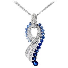 Blue Sapphire Diamond Waterfall Pendant Triple Chain Necklace 14k White Gold