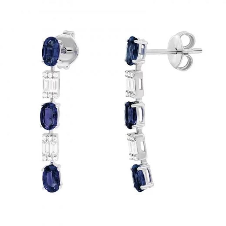 Blue Sapphire Diamond White 14K Gold Dangle Earrings for Her In New Condition For Sale In Montreux, CH