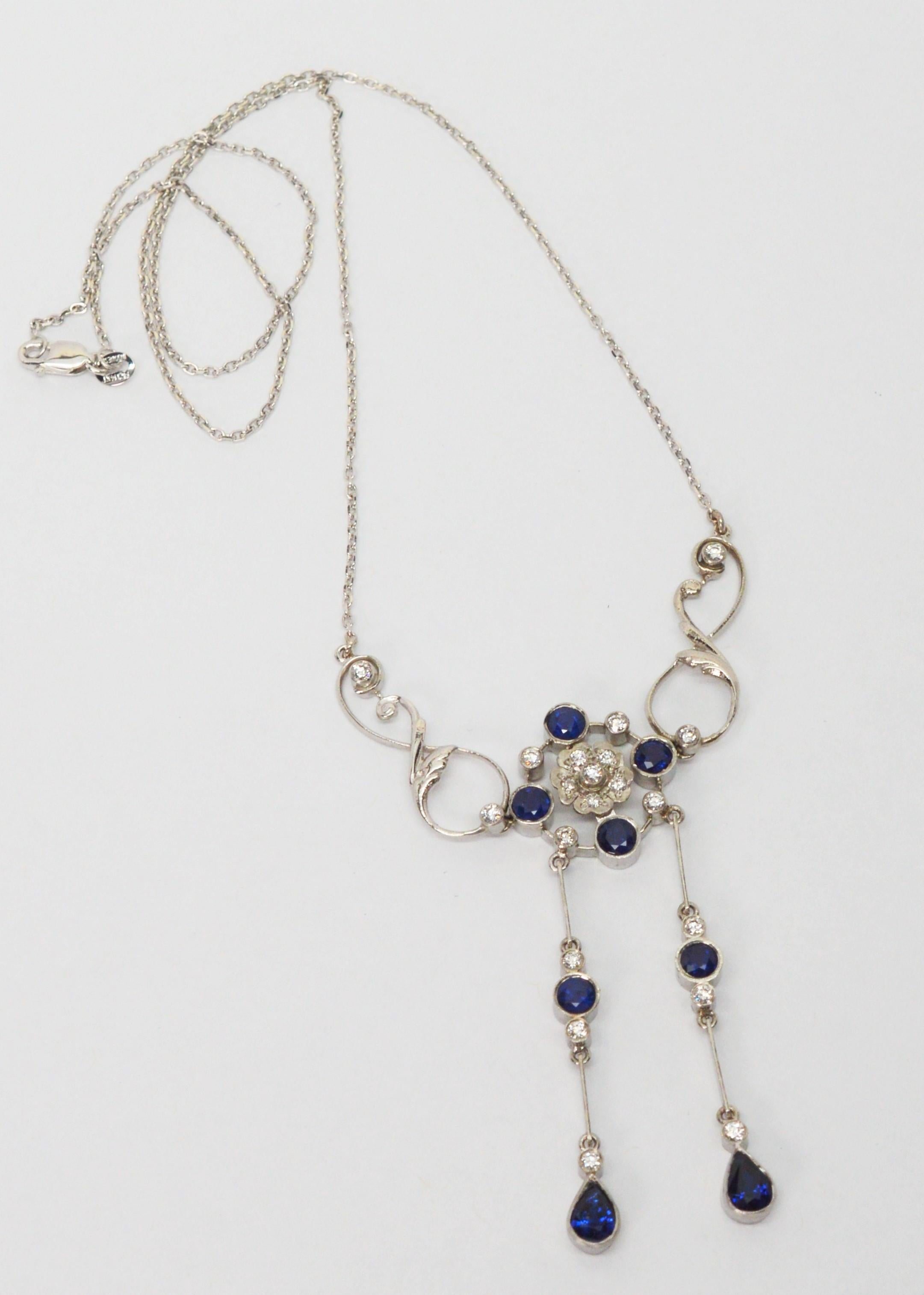Blauer Saphir Diamant Platin Tropfen Anhänger Halskette (Rundschliff) im Angebot