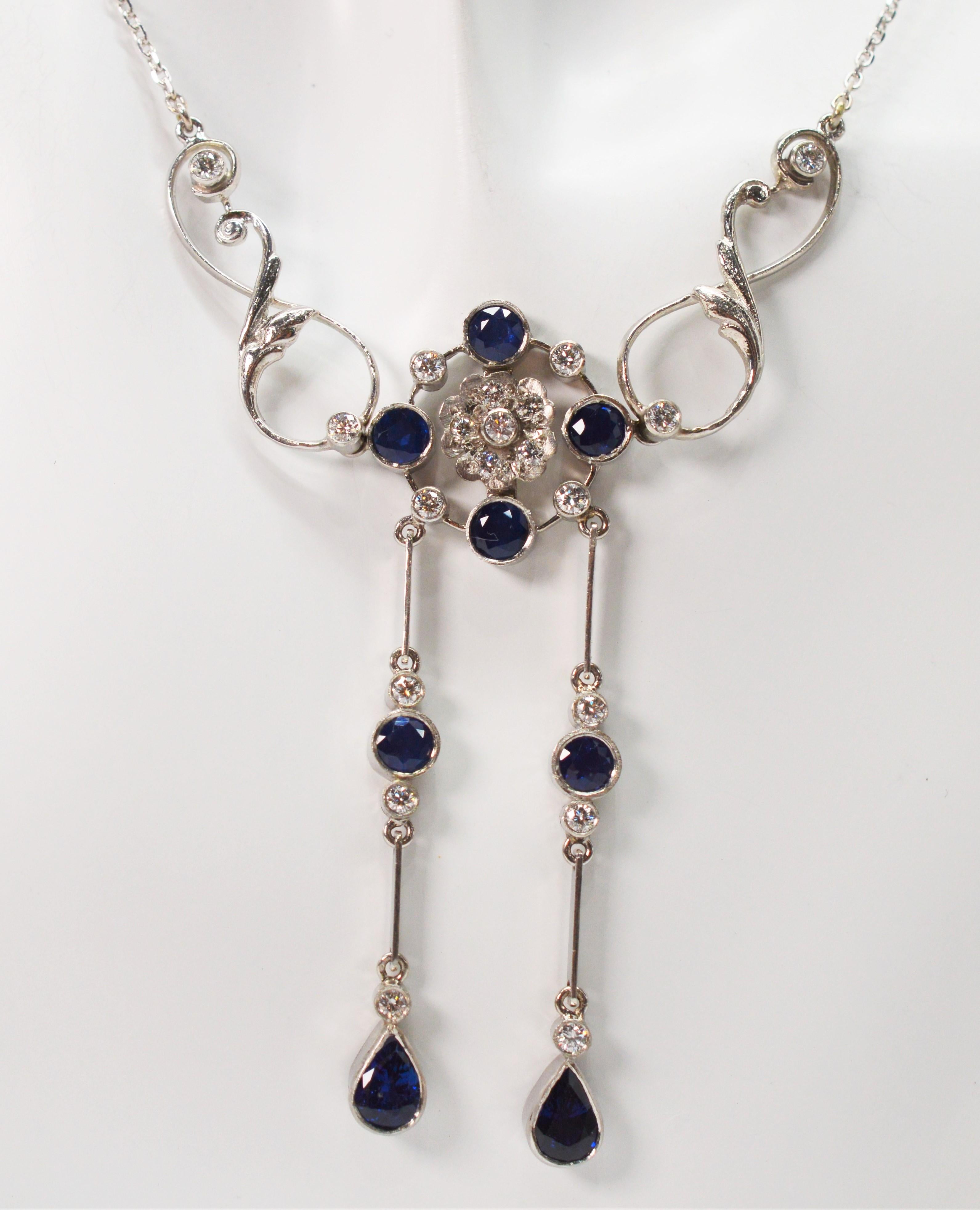 Round Cut Blue Sapphire Diamond Platinum Drop Pendant Necklace For Sale